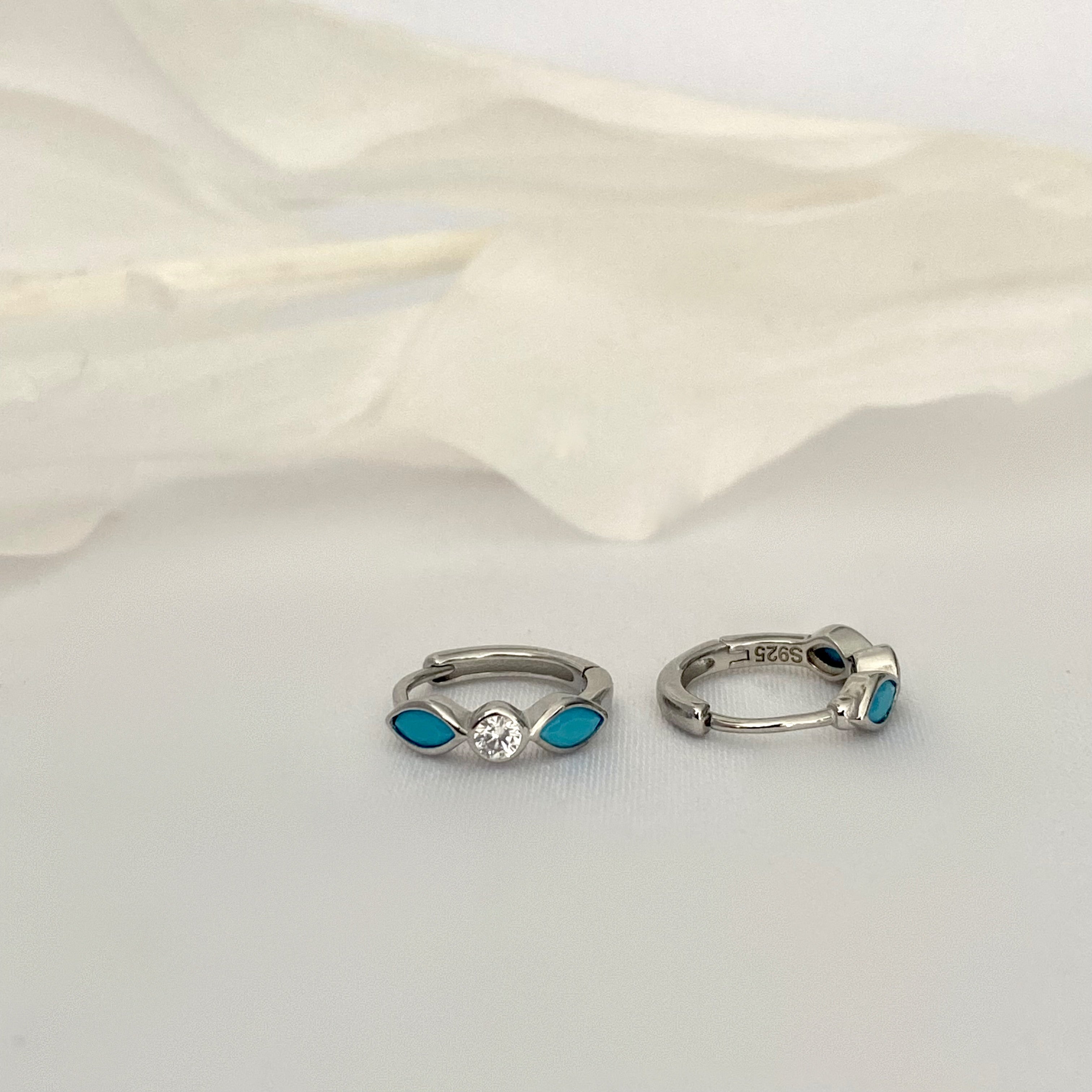Turquoise Silver Huggie Hoop Earrings