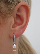 Dangling Pearl SILVER Pave Hoop Earrings 6mm,8mm,10mm 6mm