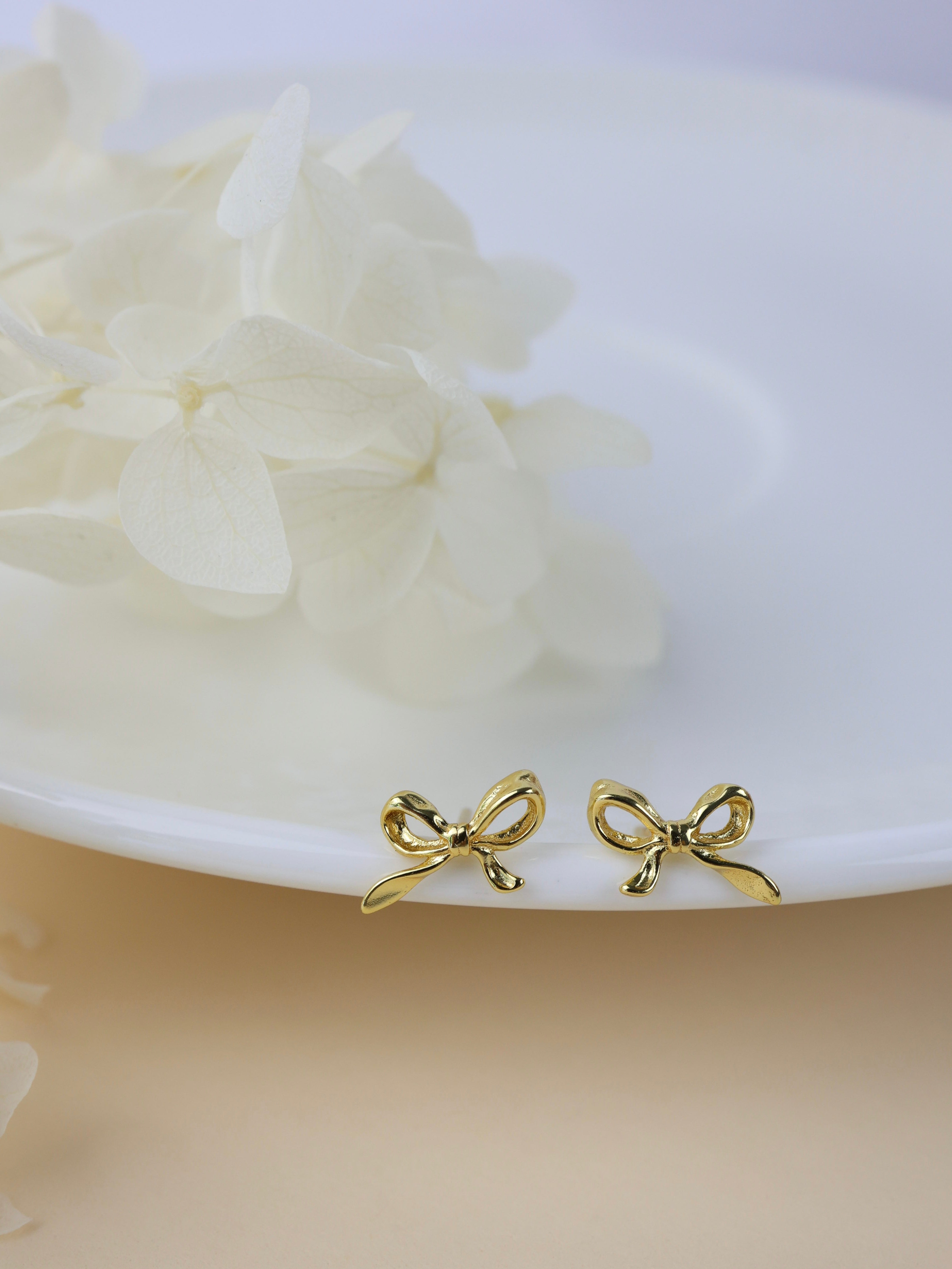 925 Sterling Silver Dainty Bow Stud Earring GOLD