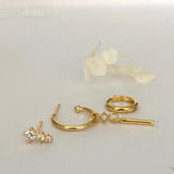 Dangly Ear Stack Set, 925 Sterling Silver 18k Gold Plated, 3 pieces Gold Earring Set
