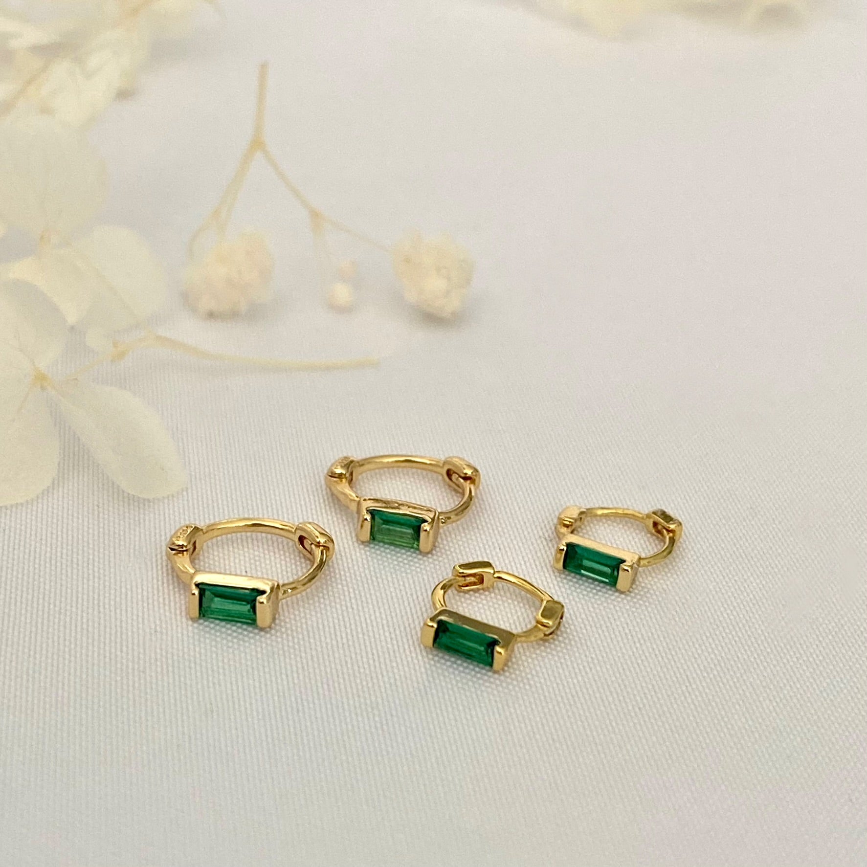 Tiny Emerald Green Baguette Huggie Hoops GOLD
