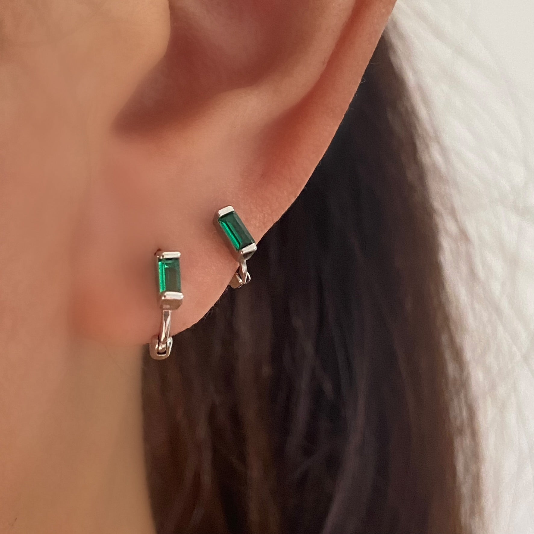 Tiny Emerald Green Baguette Huggie Hoops SILVER