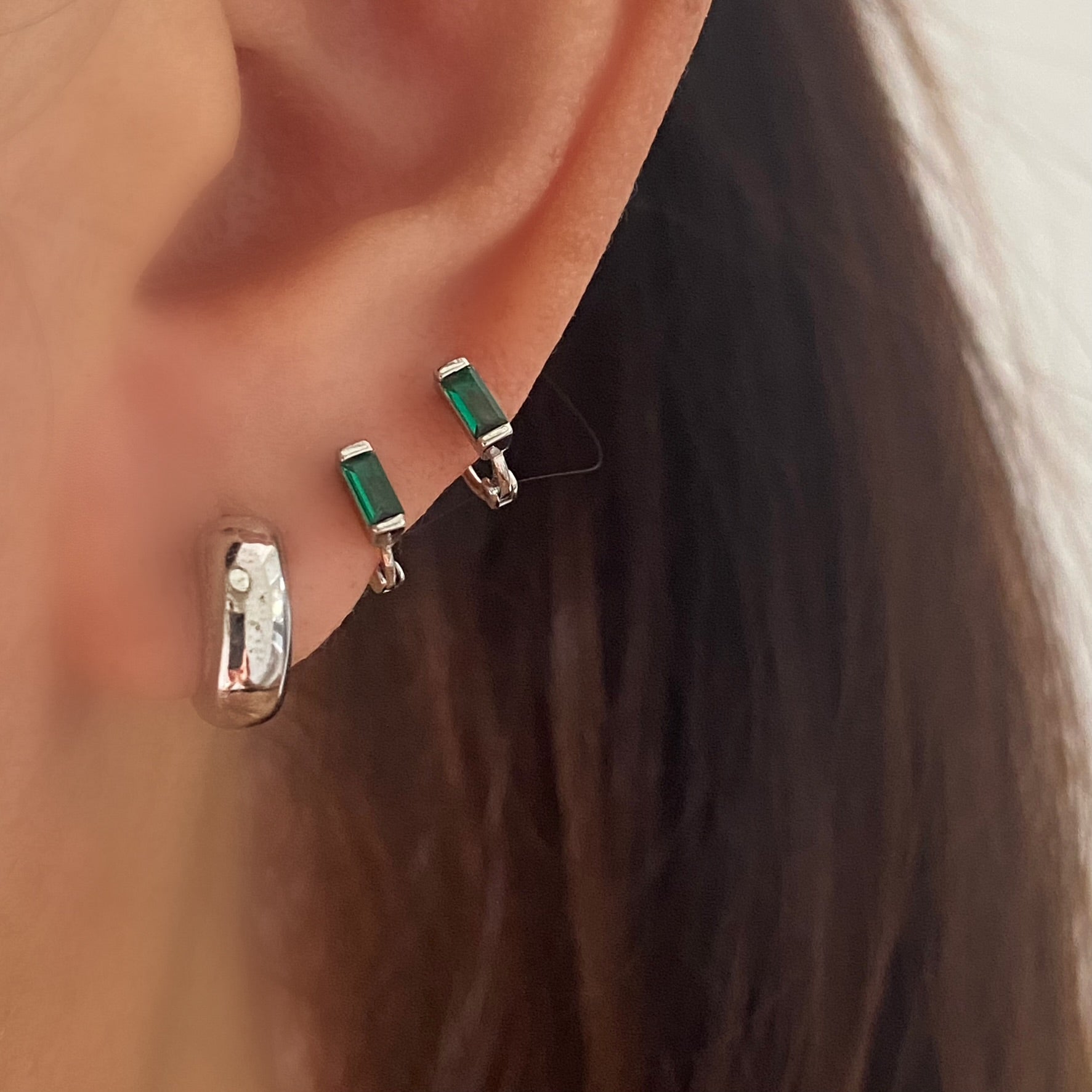 Tiny Emerald Green Baguette Huggie Hoops SILVER