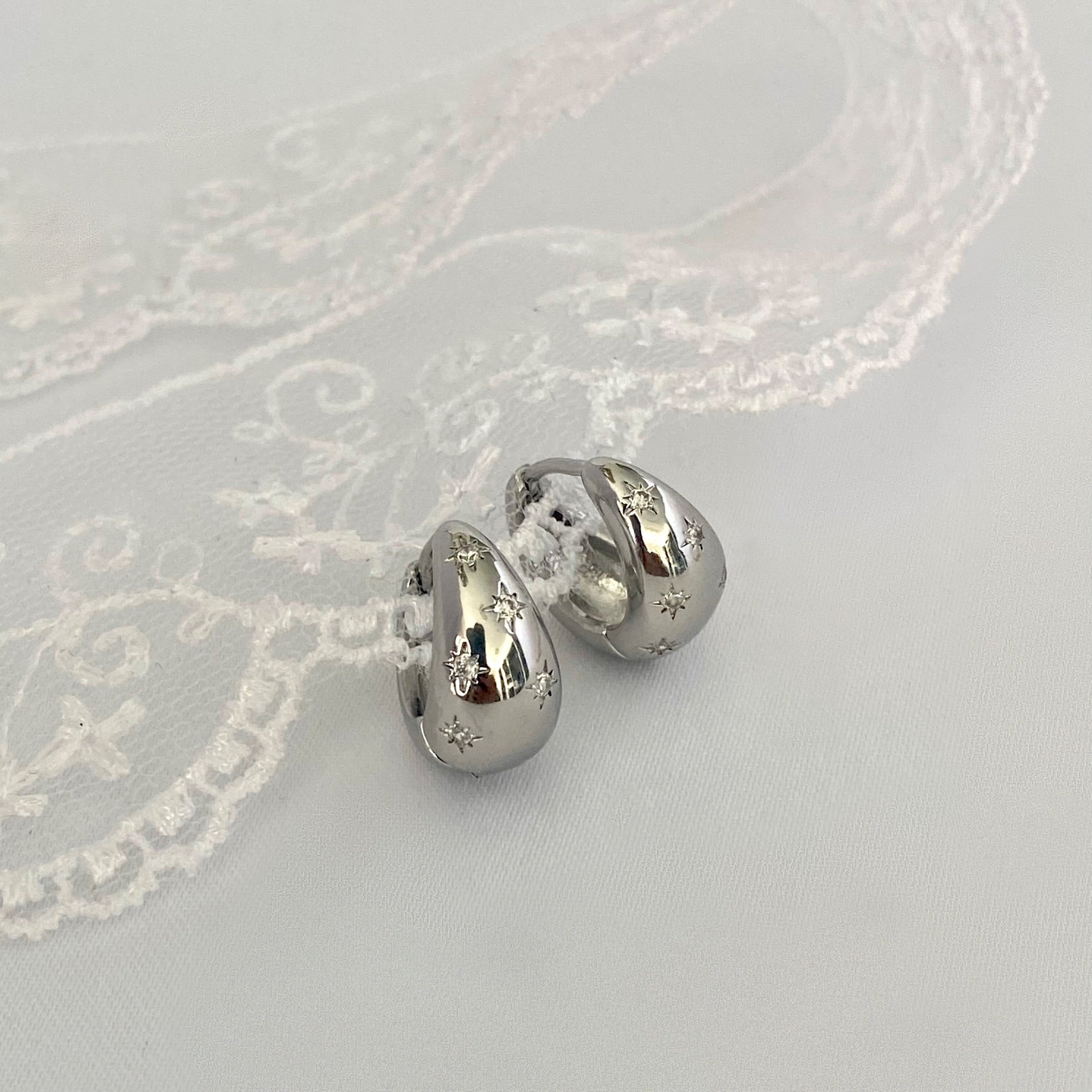 Celestial Chunky Silver Water droplet Hoop Earring