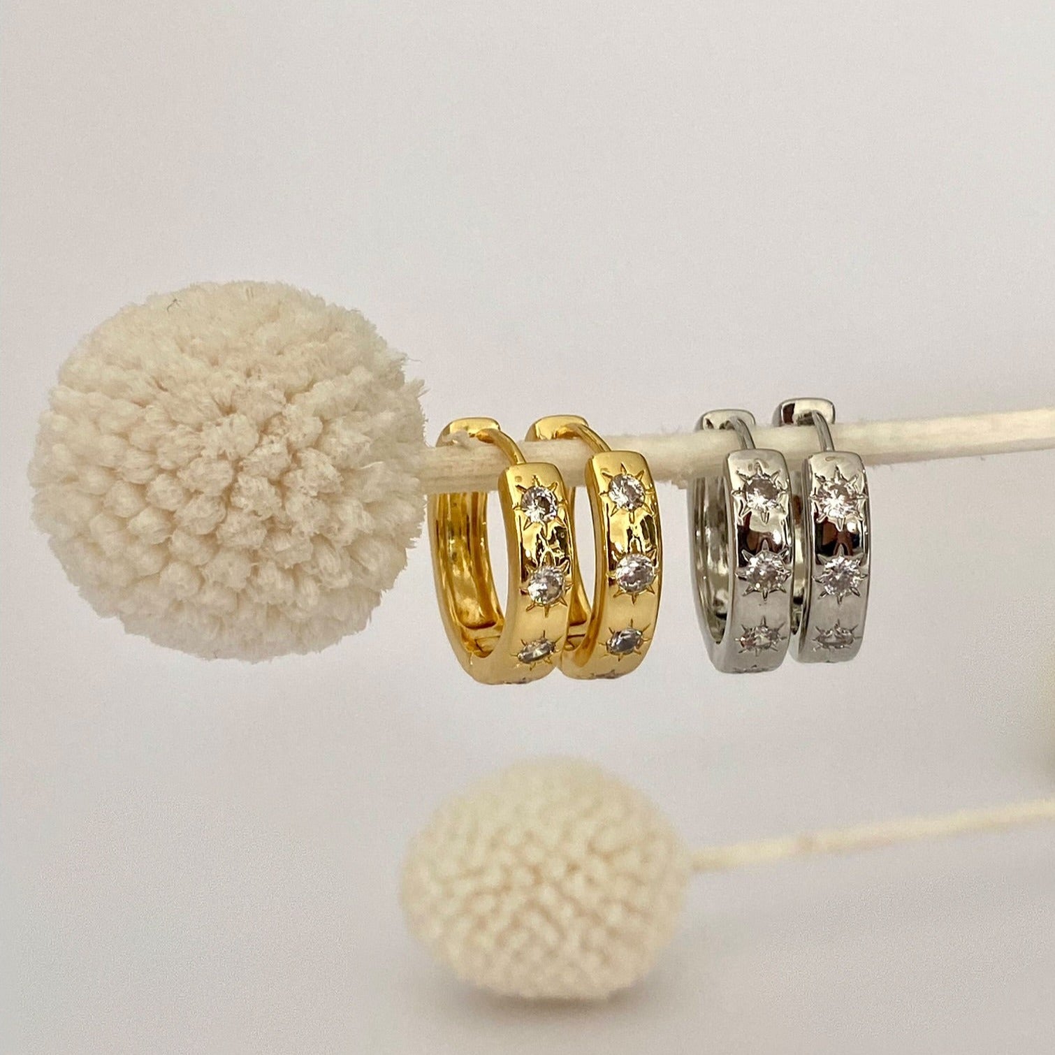 SILVER Starburst Hoop Earrings Wide Band 4mm
