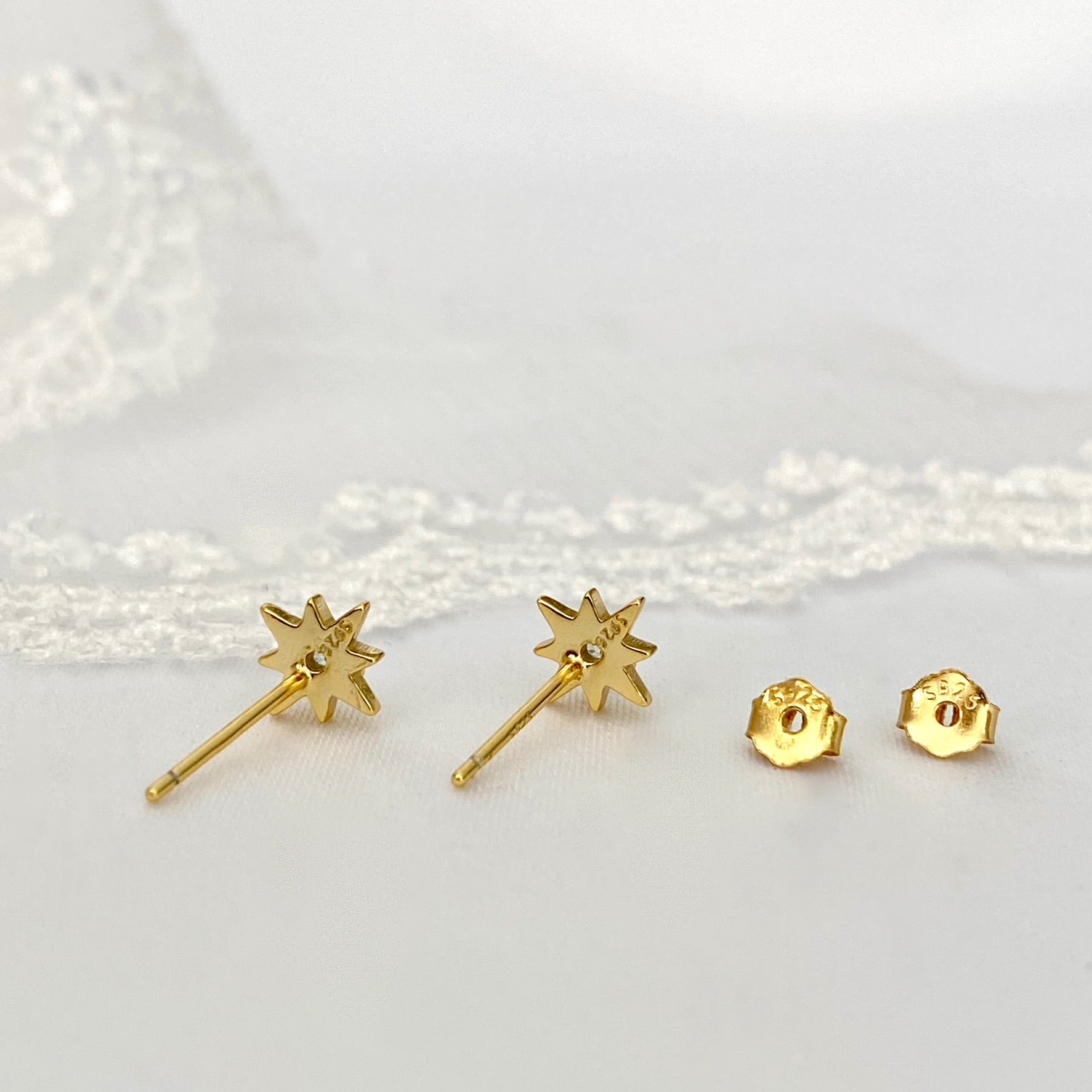 925 Sterling Silver Starburst Gold Stud Earrings
