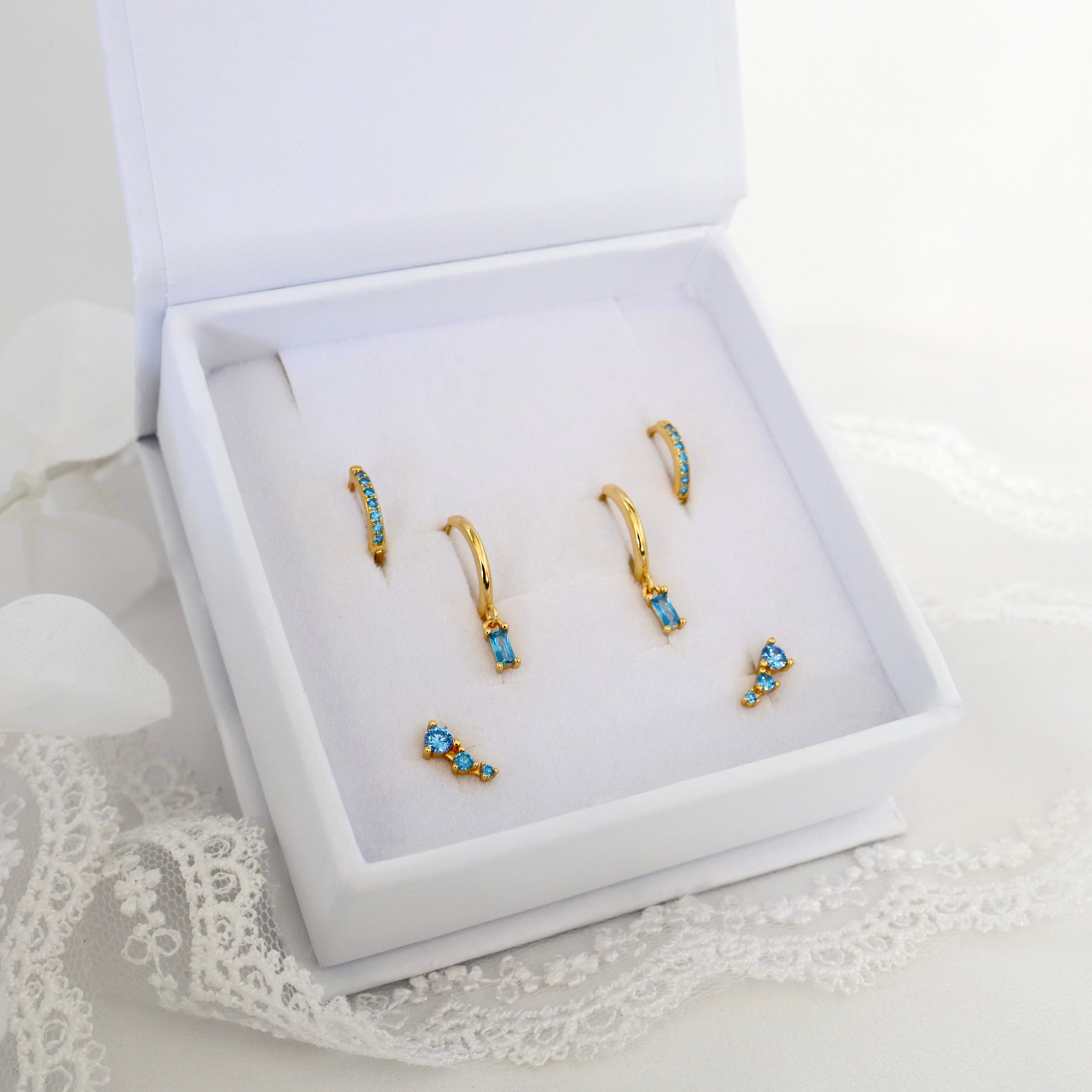 Megan Blue Dangle GOLD Earring 3 Pair Set