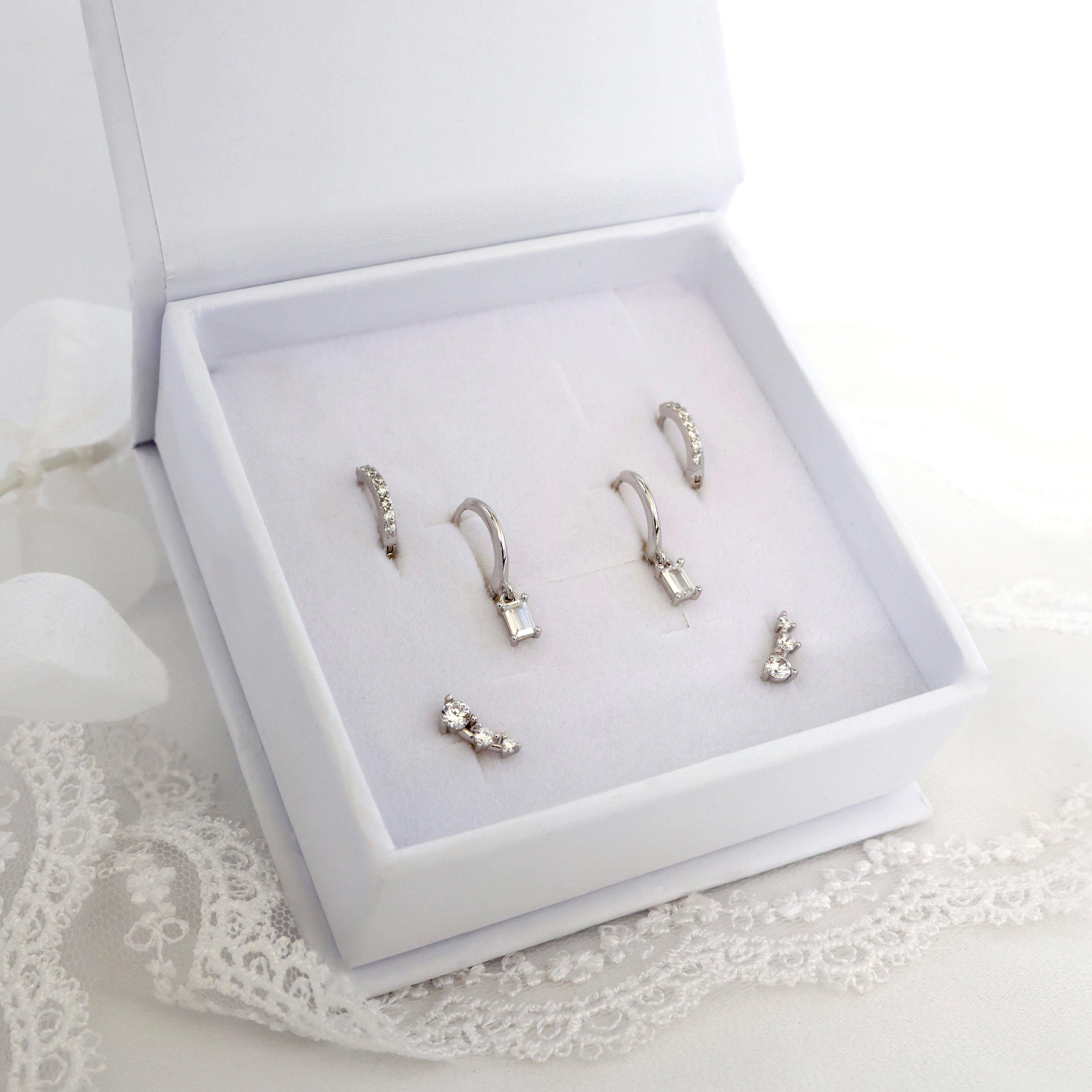 Megan Dangle SILVER Earrings 3 Pair Set Sterling Silver