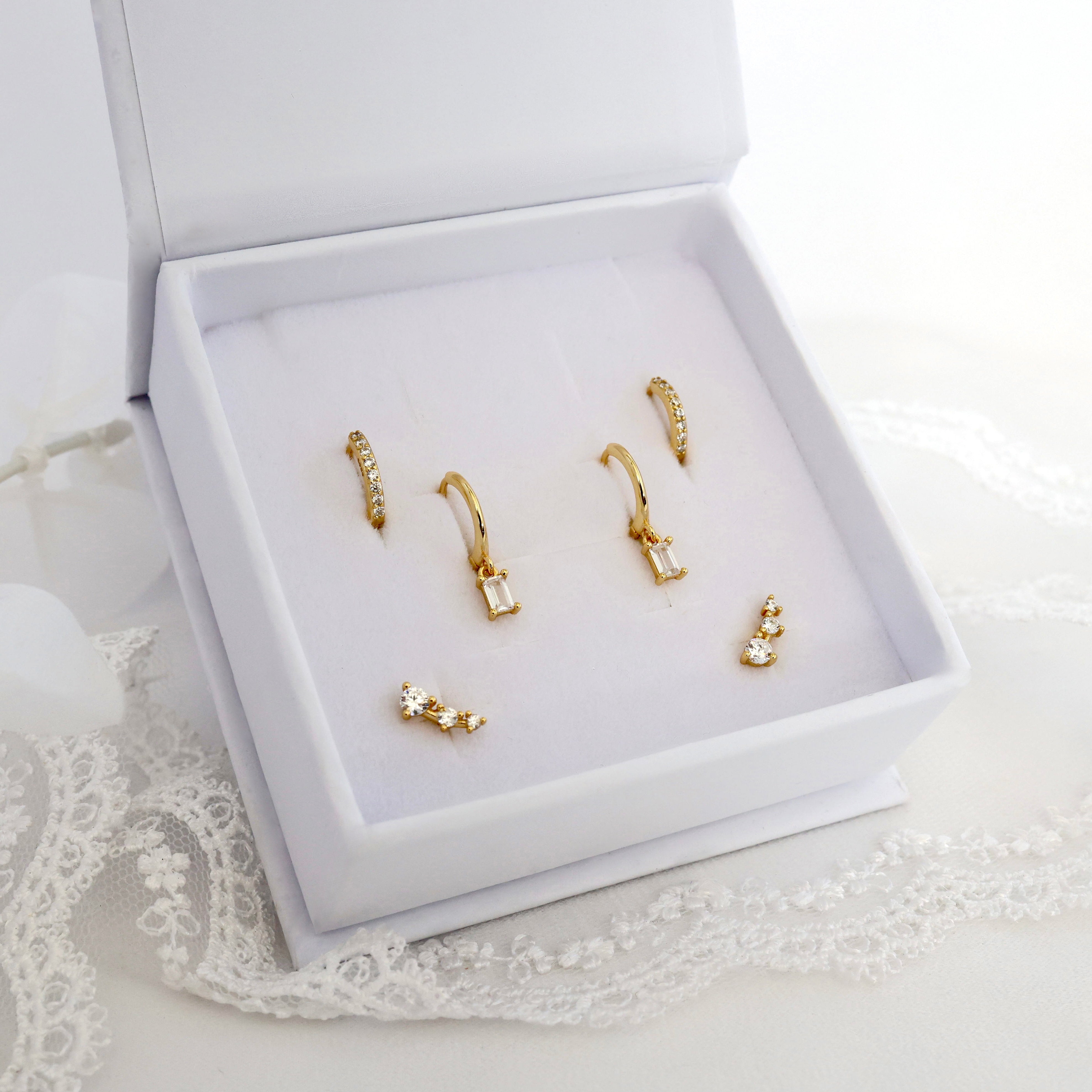 Megan Dangle GOLD Earring 3 Pair Set Sterling Silver