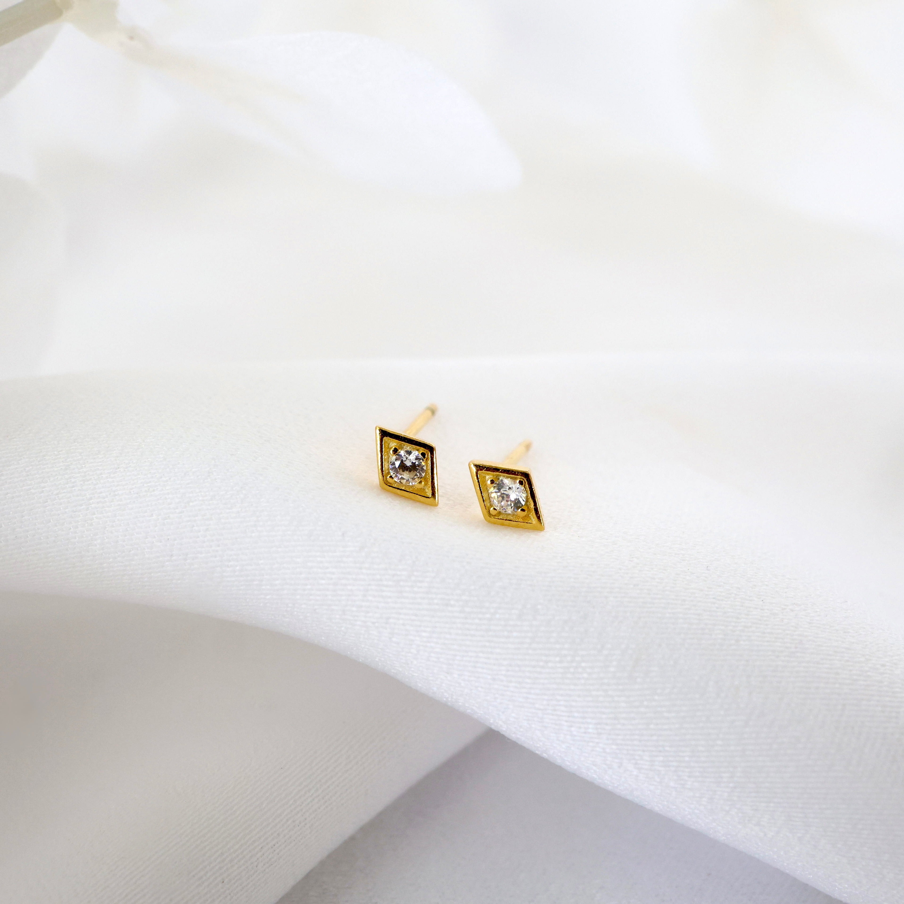 Rhombus Gold CZ Stud Earrings