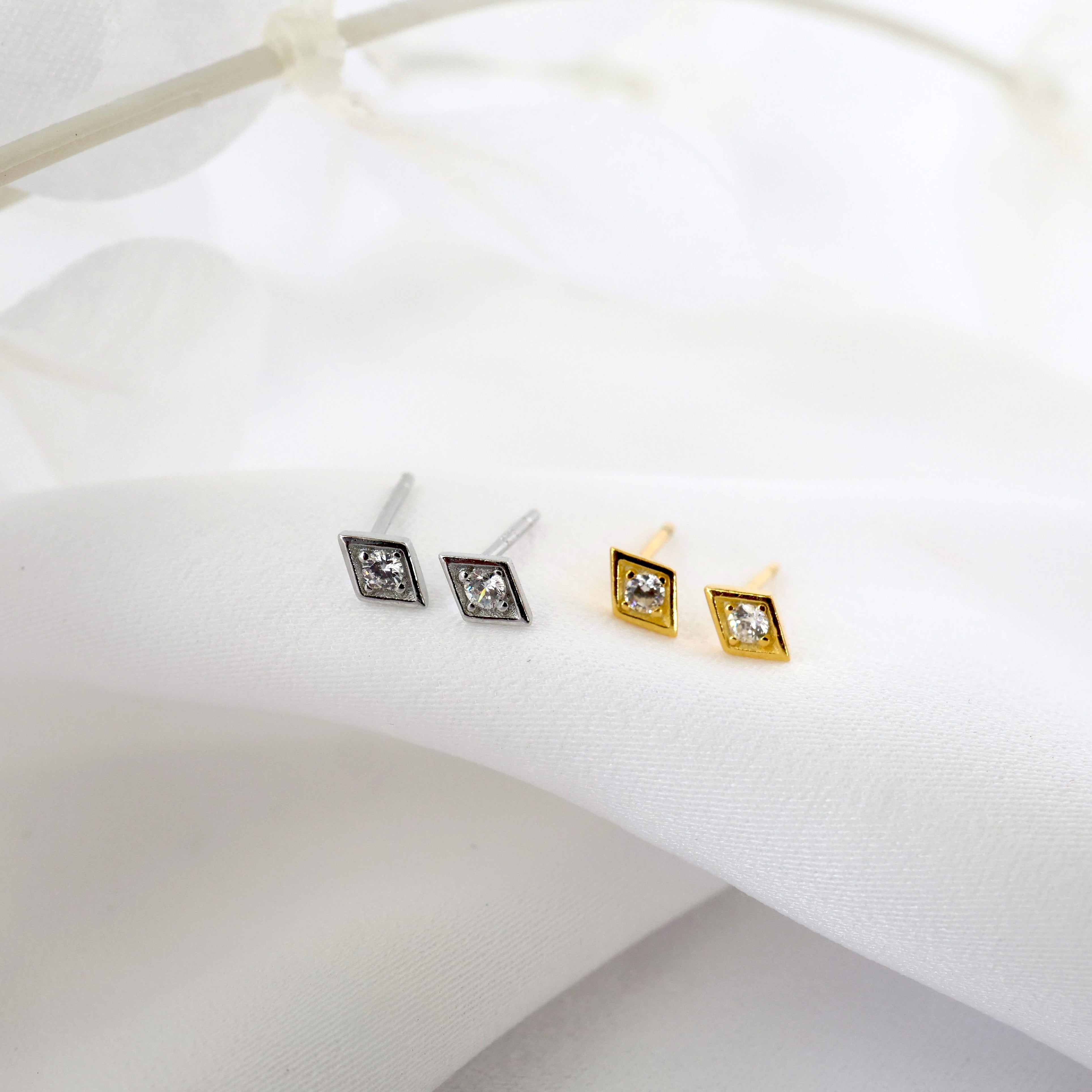 Rhombus Silver CZ Stud Earrings