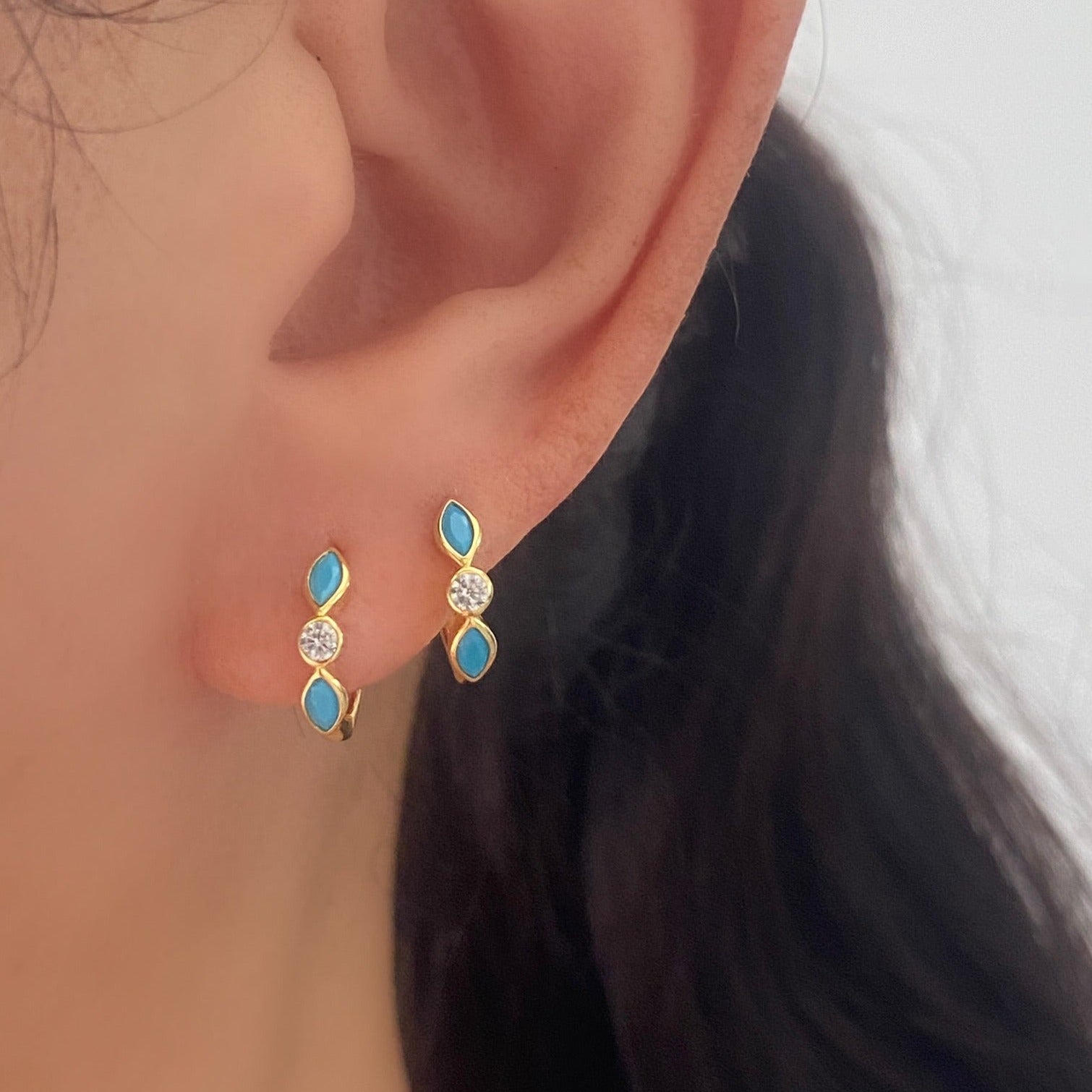 Turquoise Marquise Gold Huggie Hoop