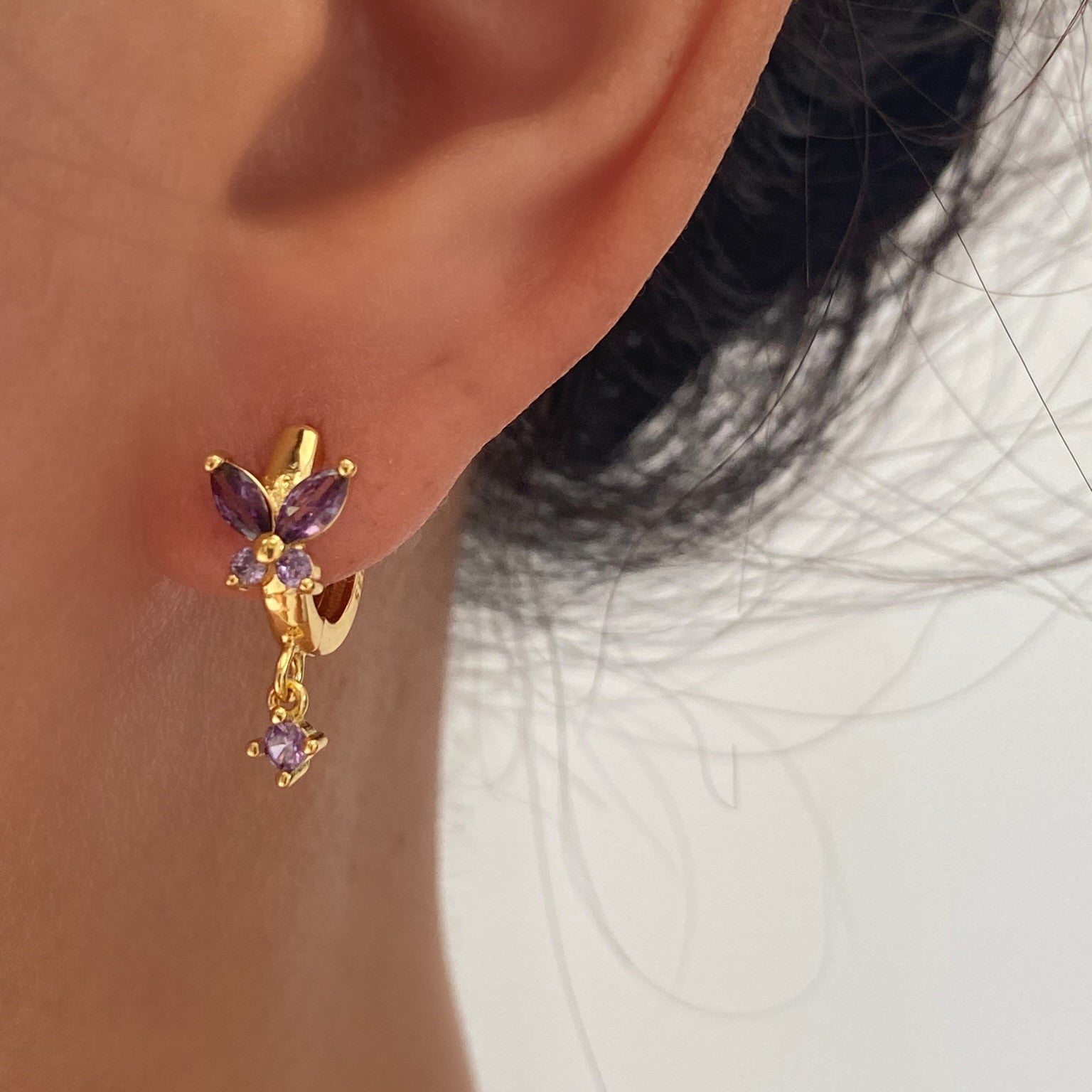 Flower CZ Purple Dangle Earrings