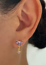 Butterfly CZ Dangle Gold Earrings Purple