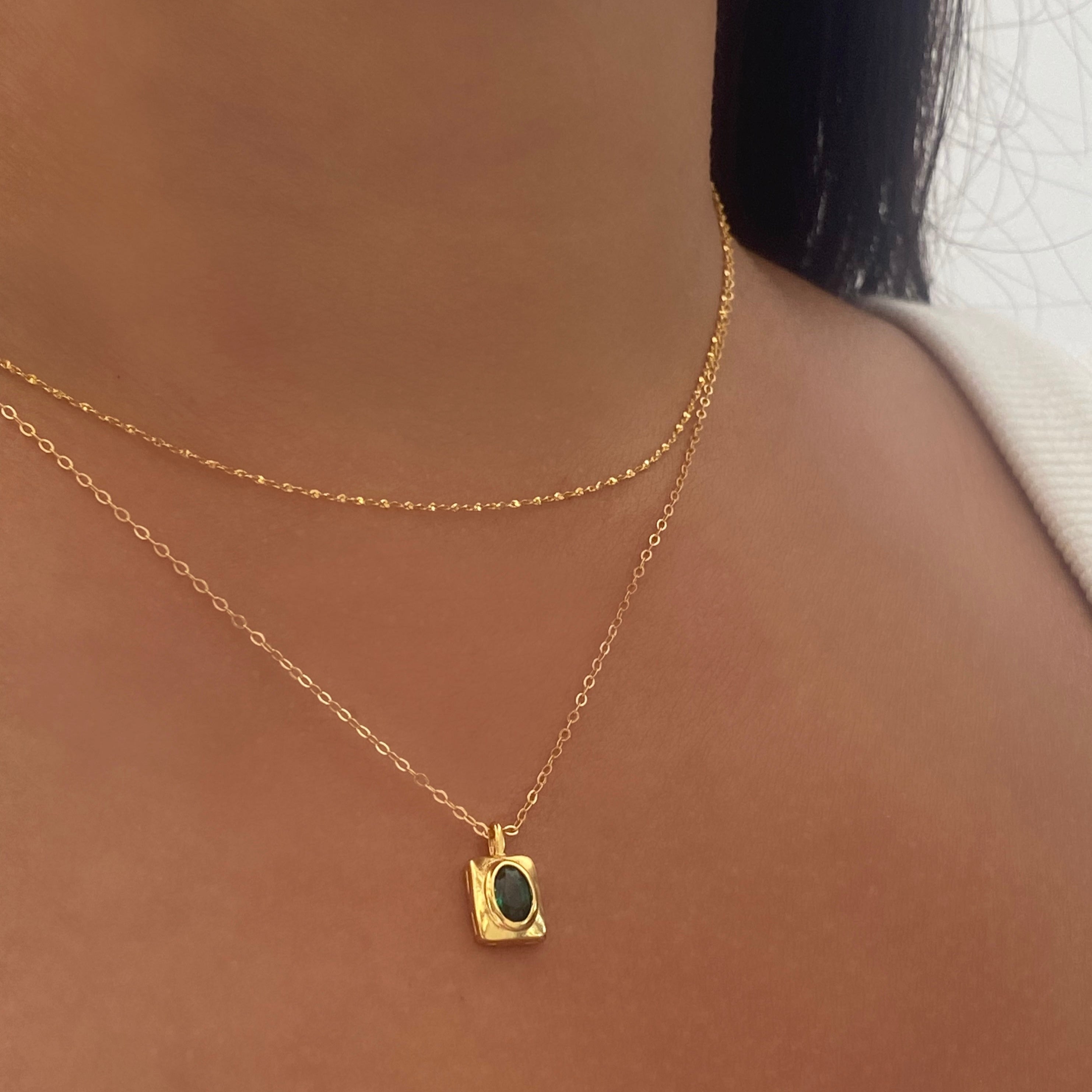 Emerald Green Square Pendant Gold Necklace