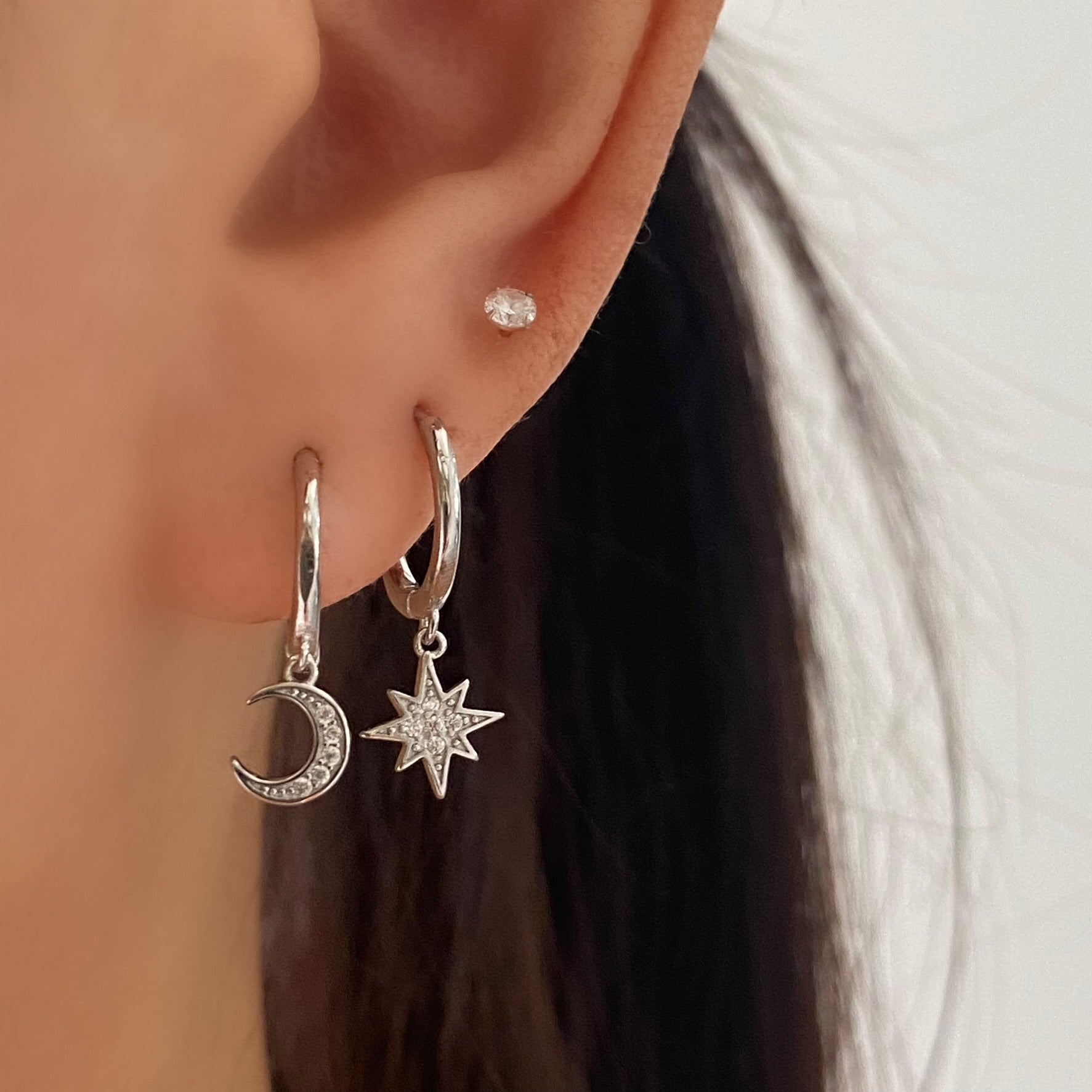 Silver Moon and Star Dangle Earring