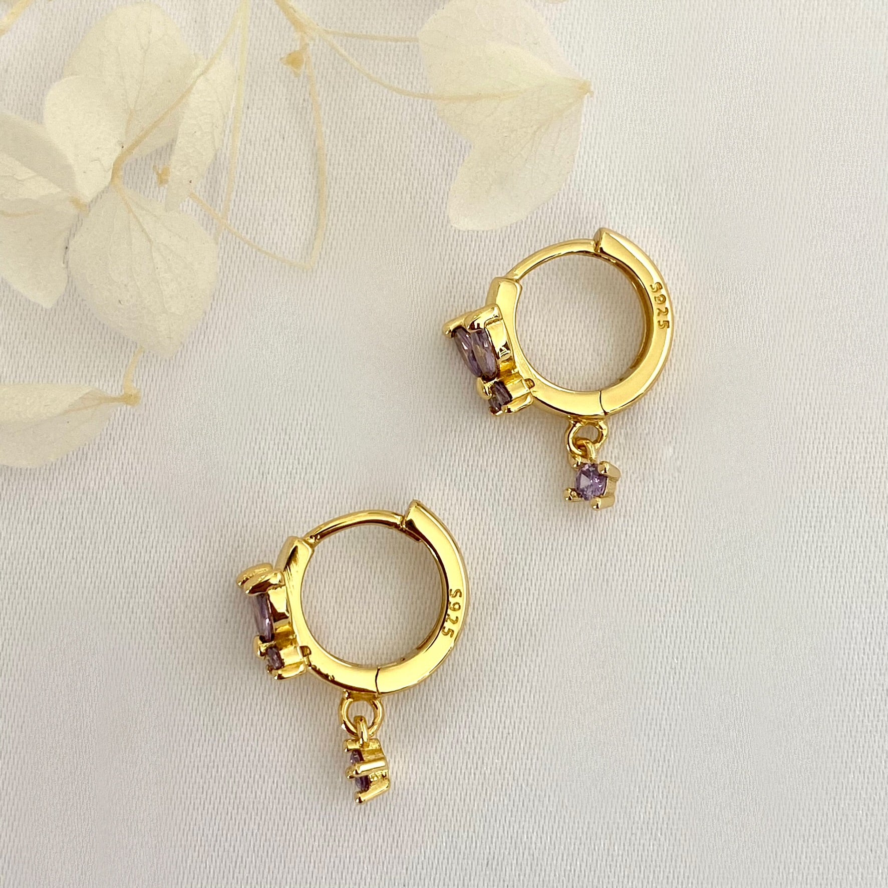 Flower CZ Purple Dangle Earrings