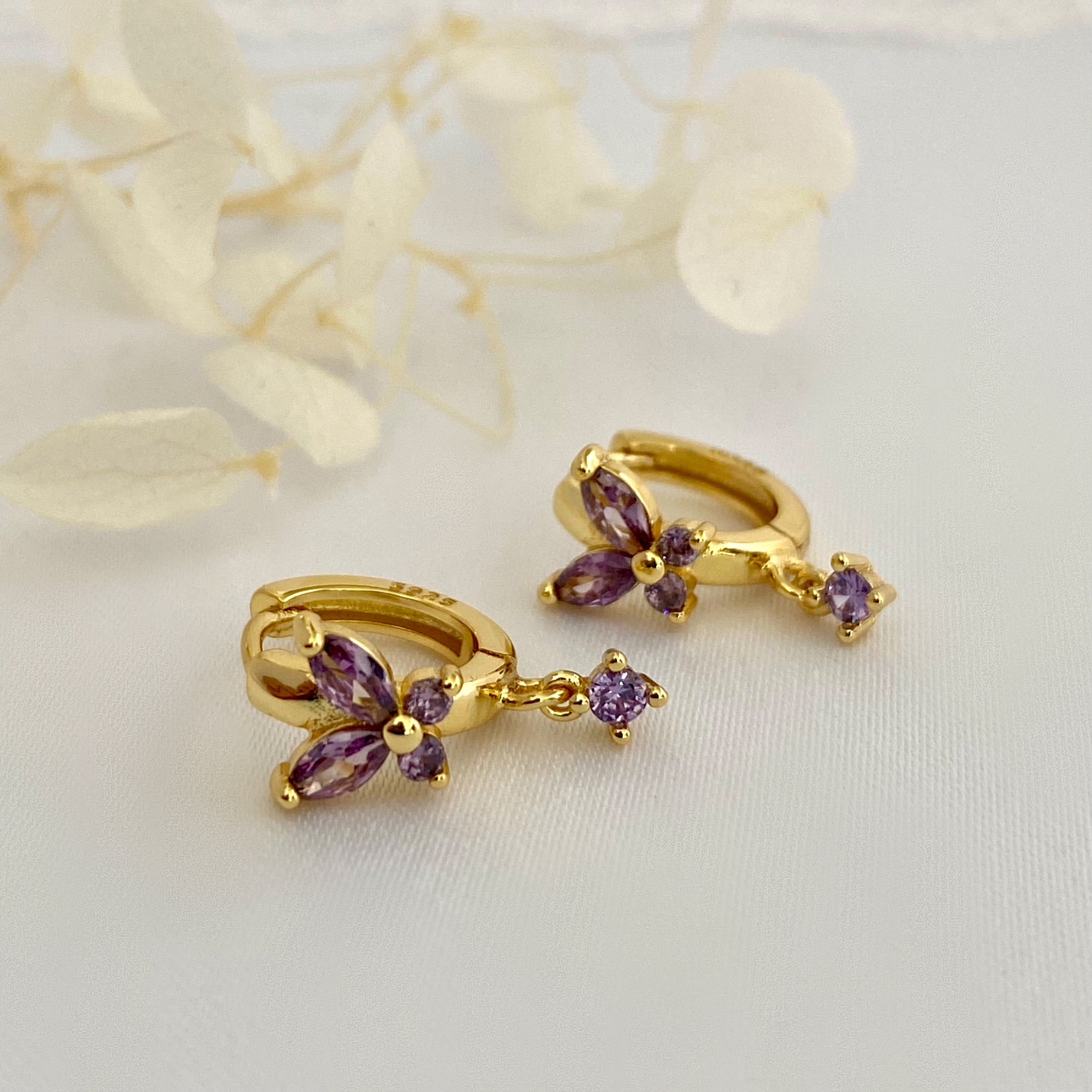 Flower CZ Purple Dangle Earrings