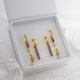 Purple 3 Teardrop Dangle Gold earring Stacks A + B + C (6 earrings)