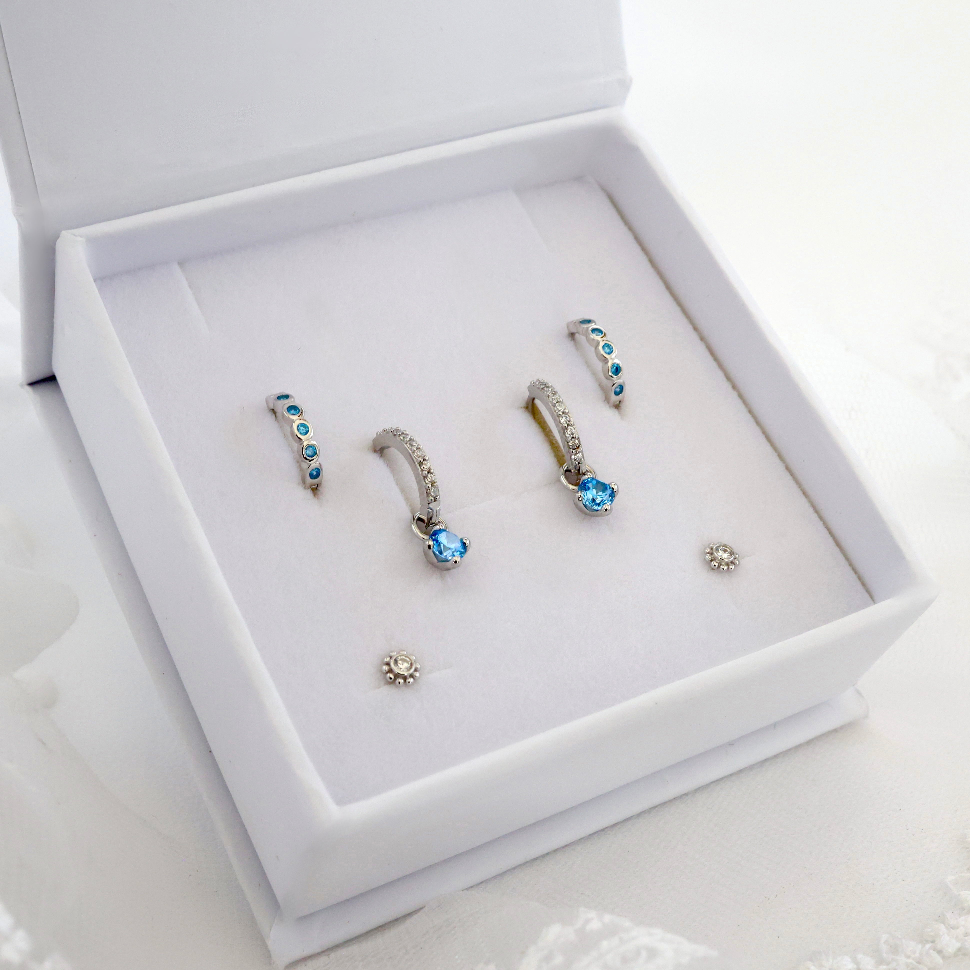 Ines Blue Lagoon Dangle Earring SILVER v2 A + B + C with a Box