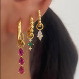Pink Green Clear Charm Dangle Gold Earring Stack