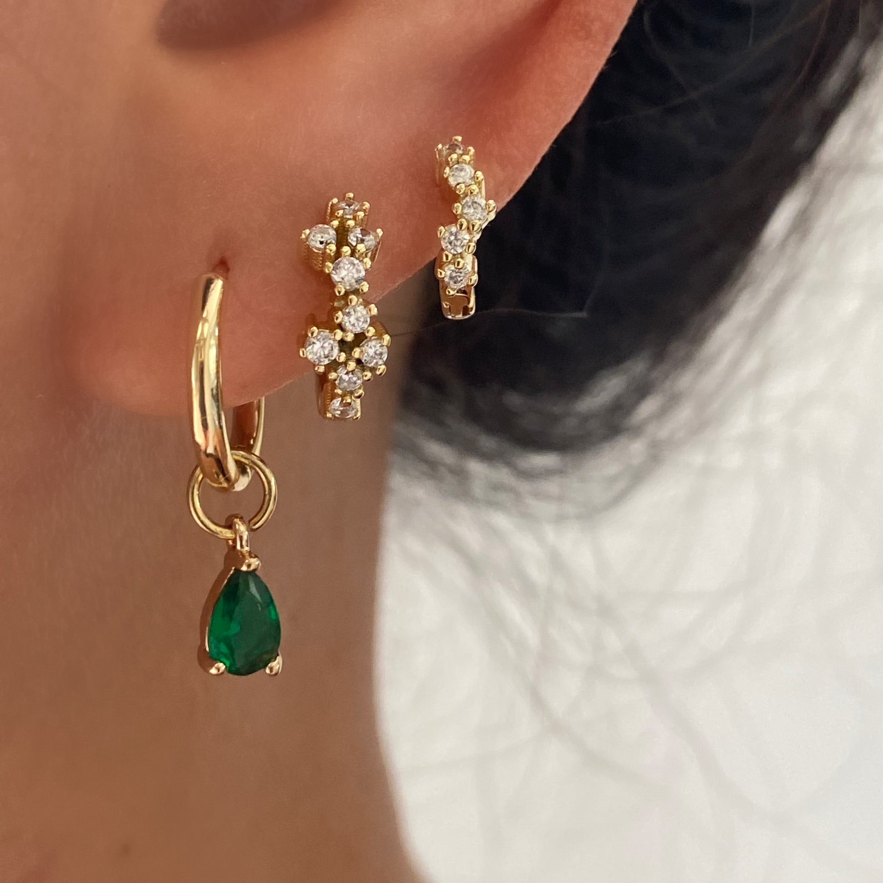 Teardrop CZ Charm 14k Gold Plated Hoop Emerald Green