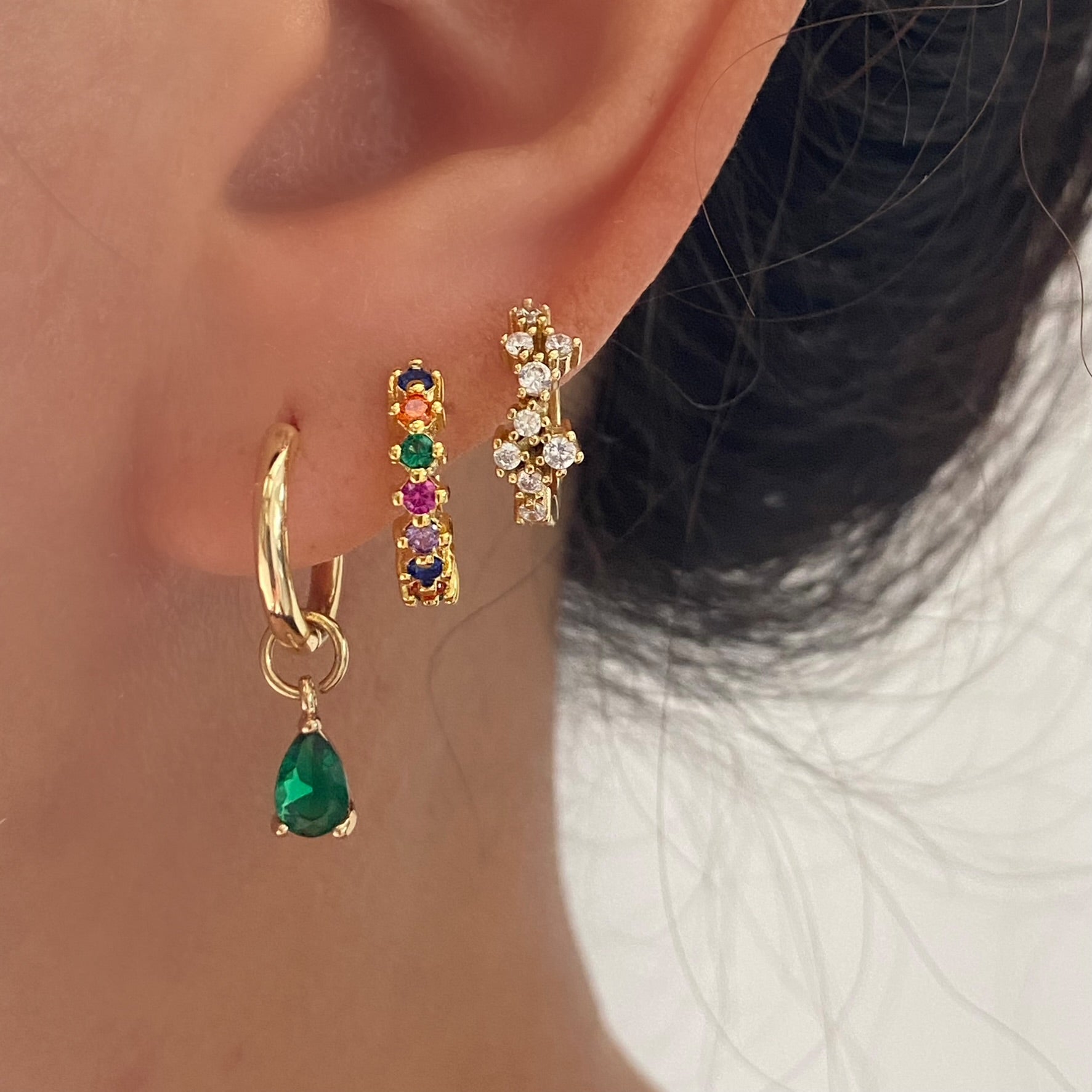 Teardrop CZ Charm 14k Gold Plated Hoop Emerald Green