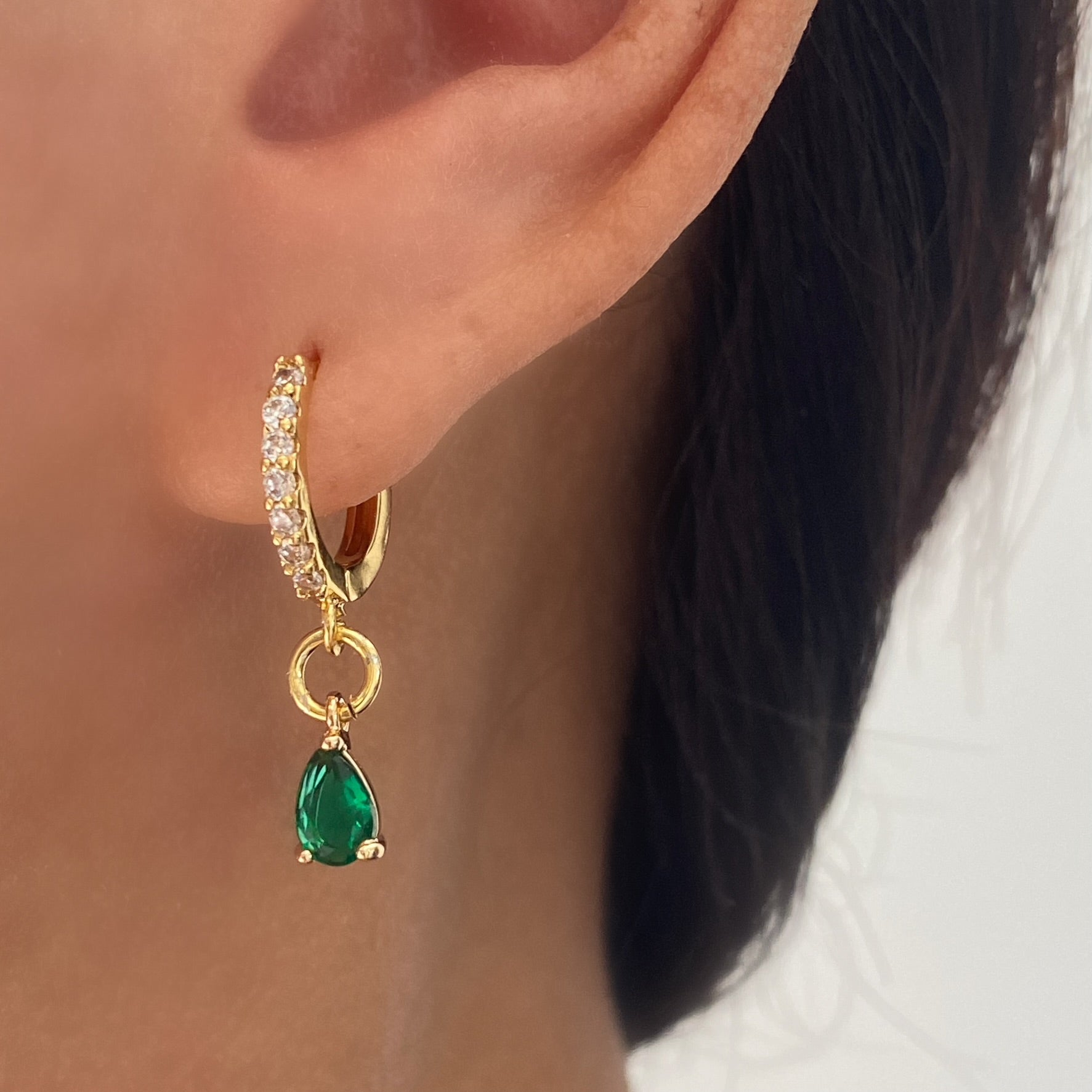 Diamond Cubic Teardrop Earrings – Paved Hoop Green
