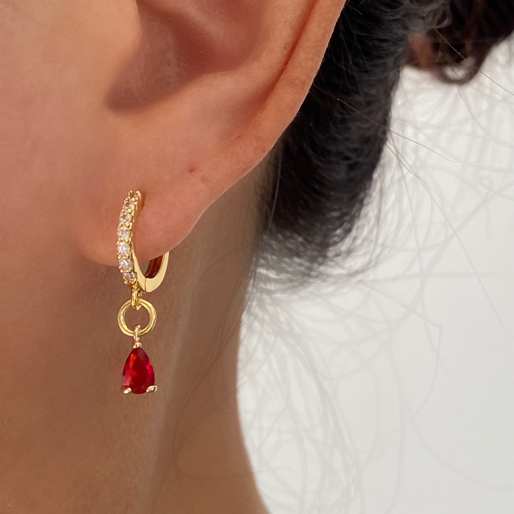 Diamond Cubic Teardrop Earrings – Paved Hoop Red