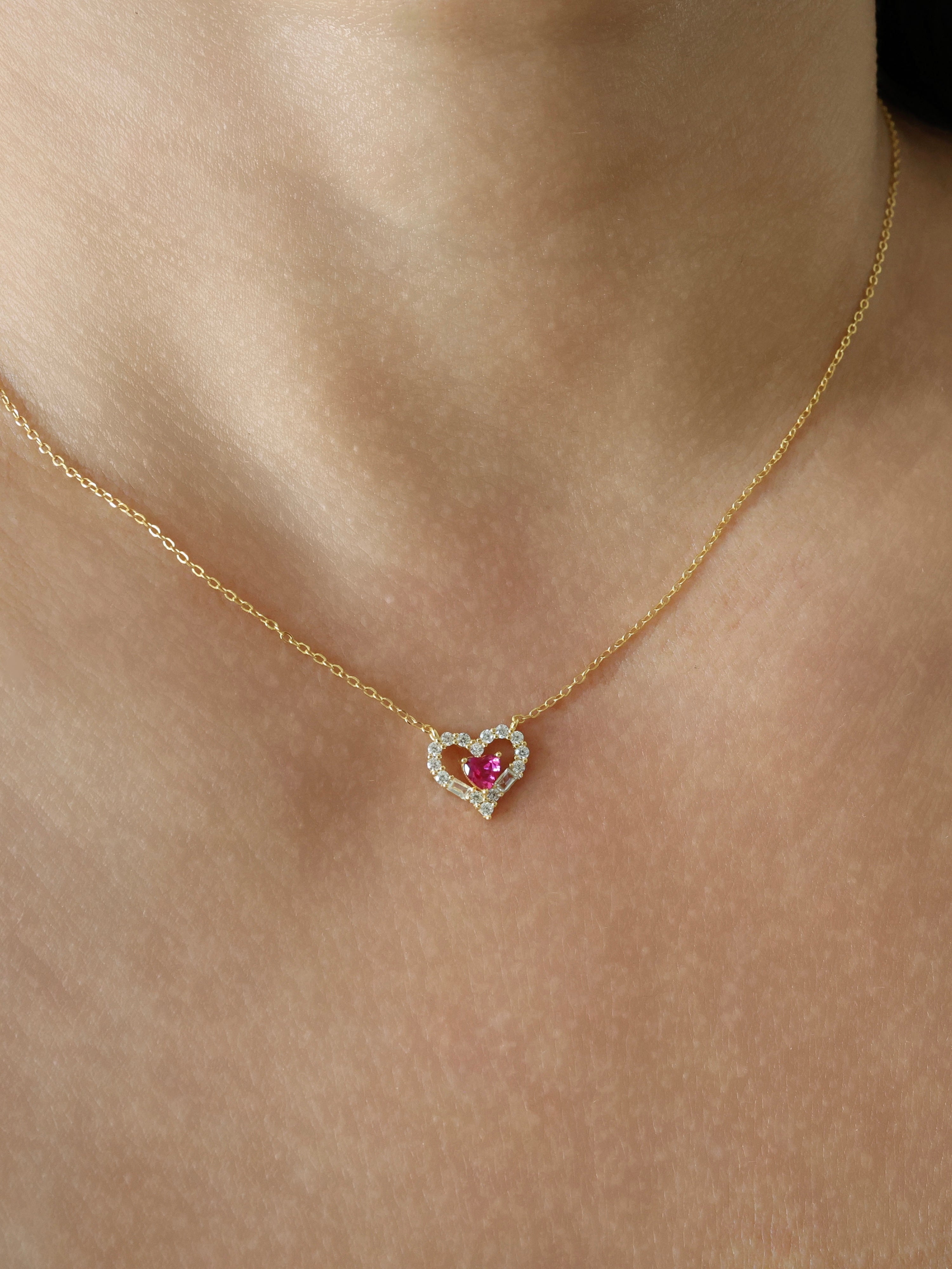 Pink Heart Sterling Silver Necklace - Gold