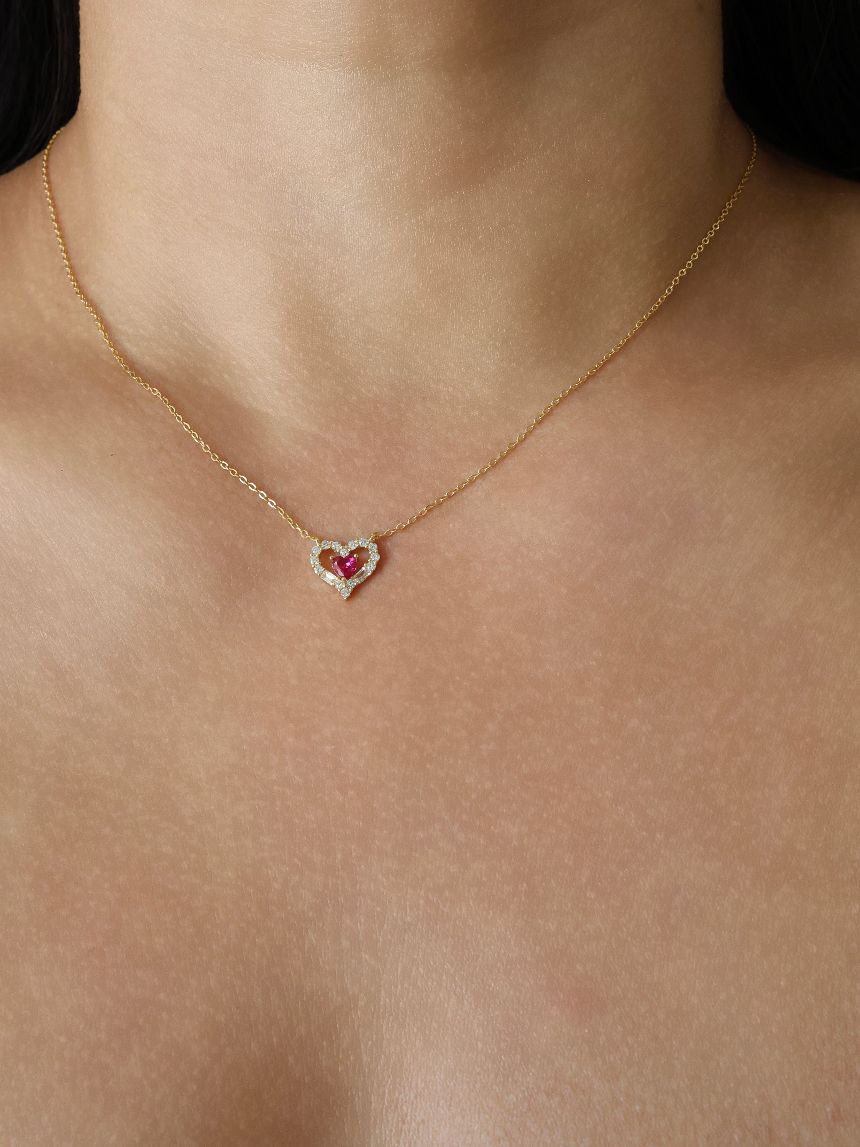 Pink Heart Sterling Silver Necklace - Gold
