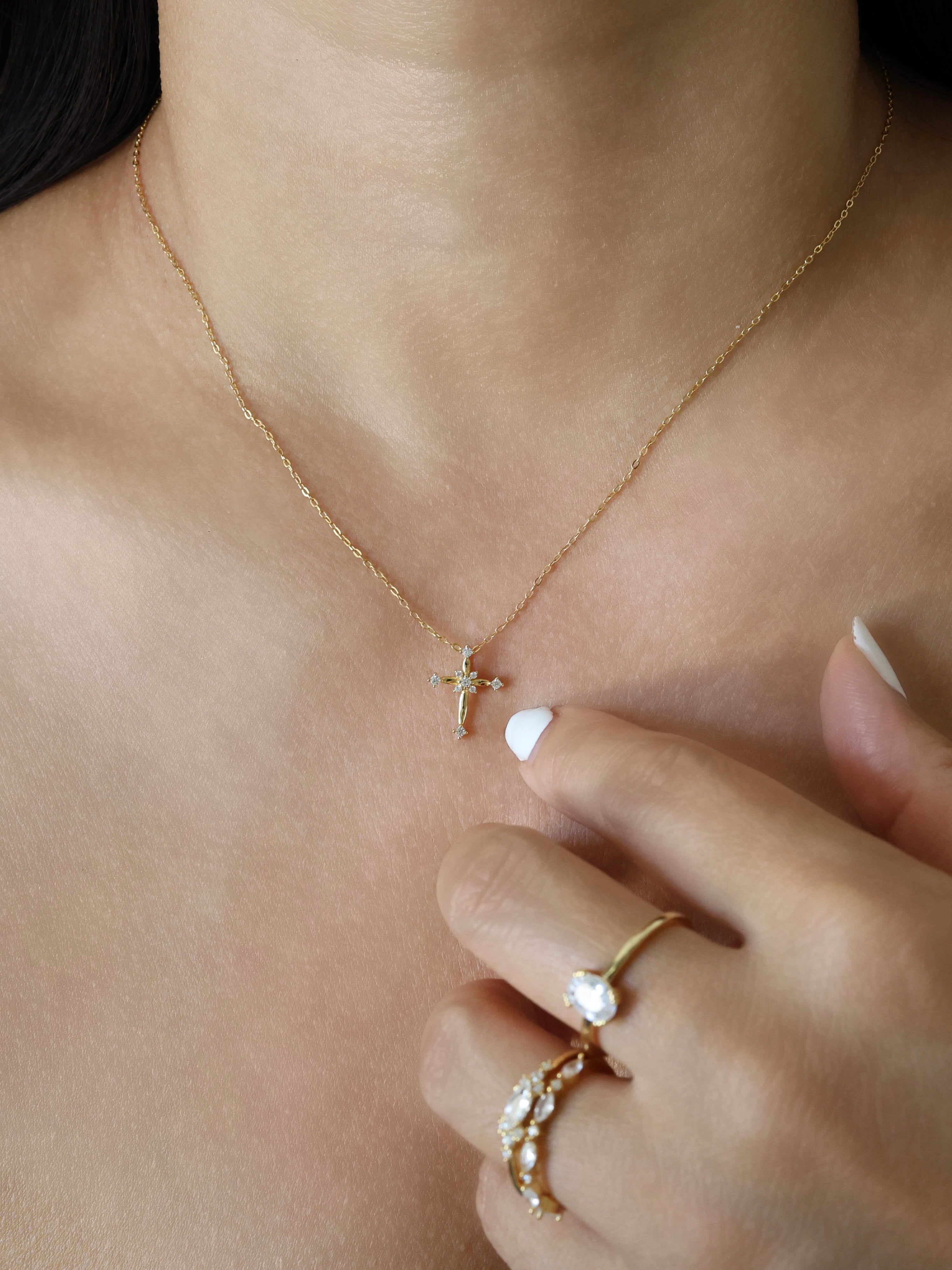 Cross CZ Sterling Silver Necklace - Gold