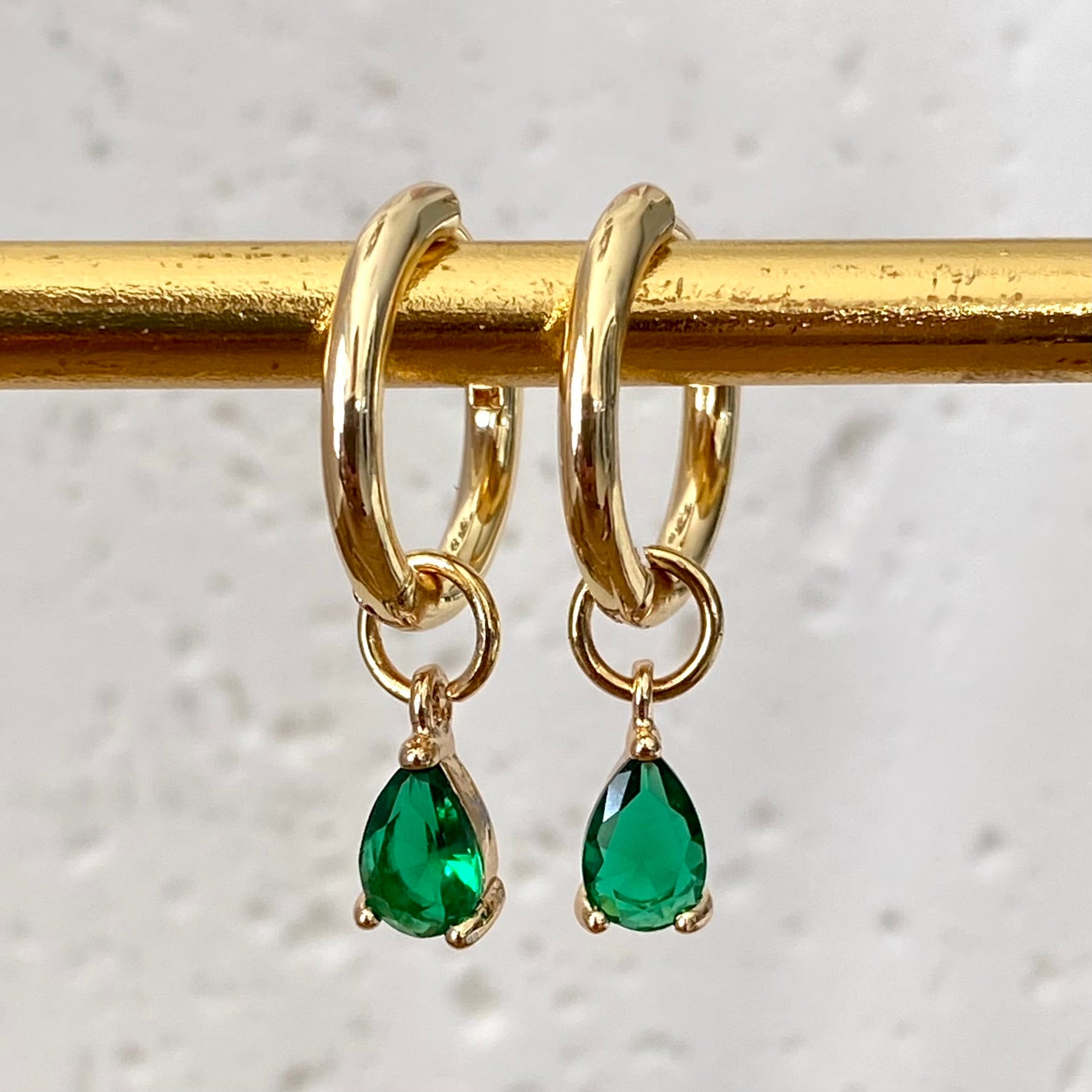 Teardrop CZ Charm 14k Gold Plated Hoop Emerald Green