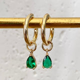 Teardrop CZ Charm 14k Gold Plated Hoop Emerald Green