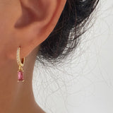 Skinny Baguette Gemstone Pave Hoop Earrings Pink