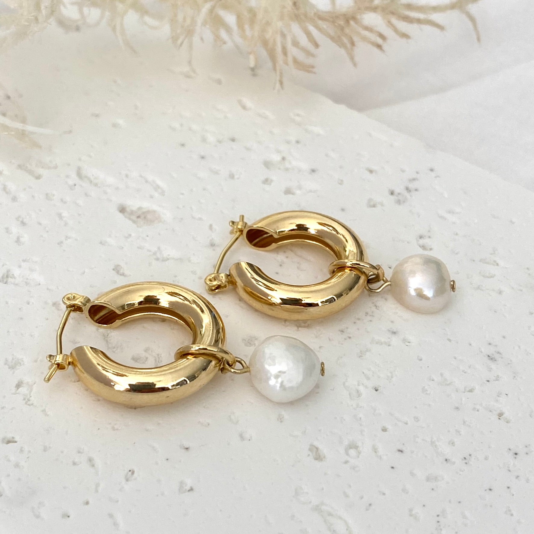 Chunky Gold Hoop with Single Pearl