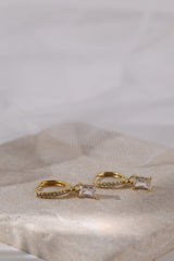 Baguette Dangle Earrings 4mm Gold Clear White