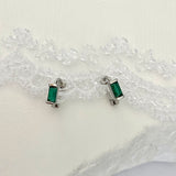 Tiny Emerald Green Baguette Huggie Hoops SILVER