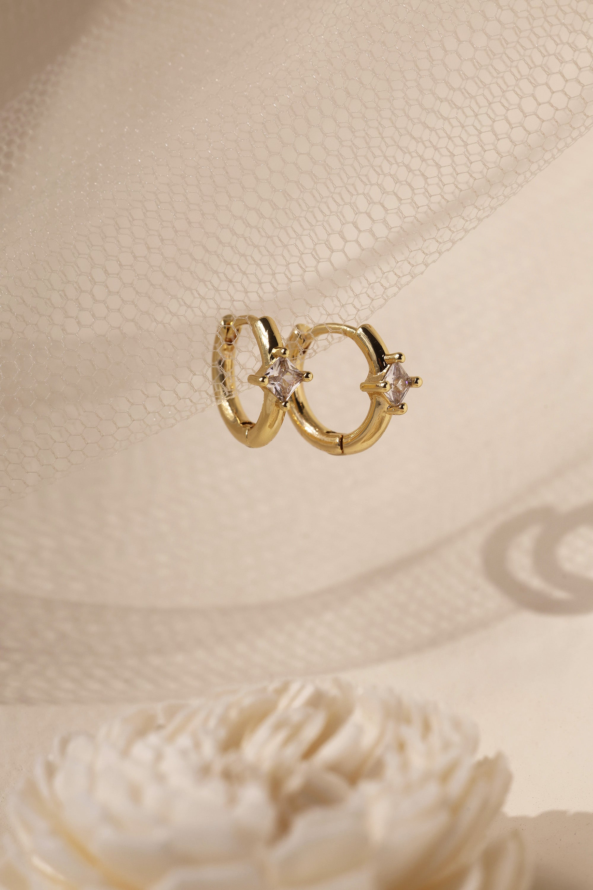 Diamond Princess Gold Huggie Hoop Earrings – 18K gold-plated brass, princess-cut cubic zirconia, 13mm hoop, hypoallergenic, nickel-free, dainty gold earrings for women”