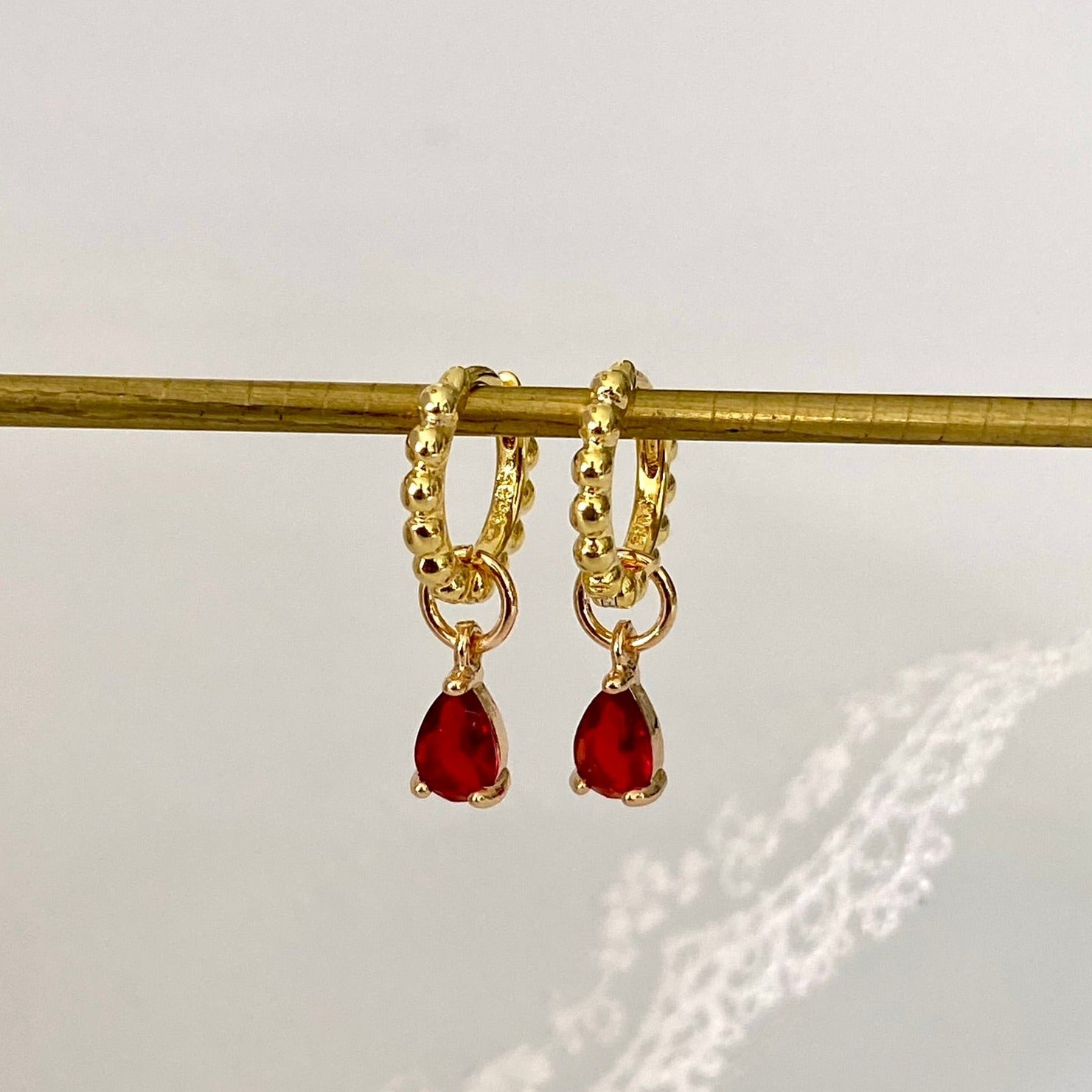 Earrings Dangle deals Brass Tone with Dark Red Teardrop Rhinestones b655