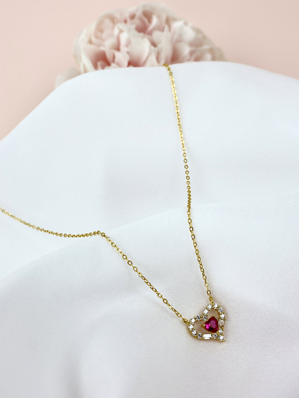 Pink Heart Sterling Silver Necklace - Gold