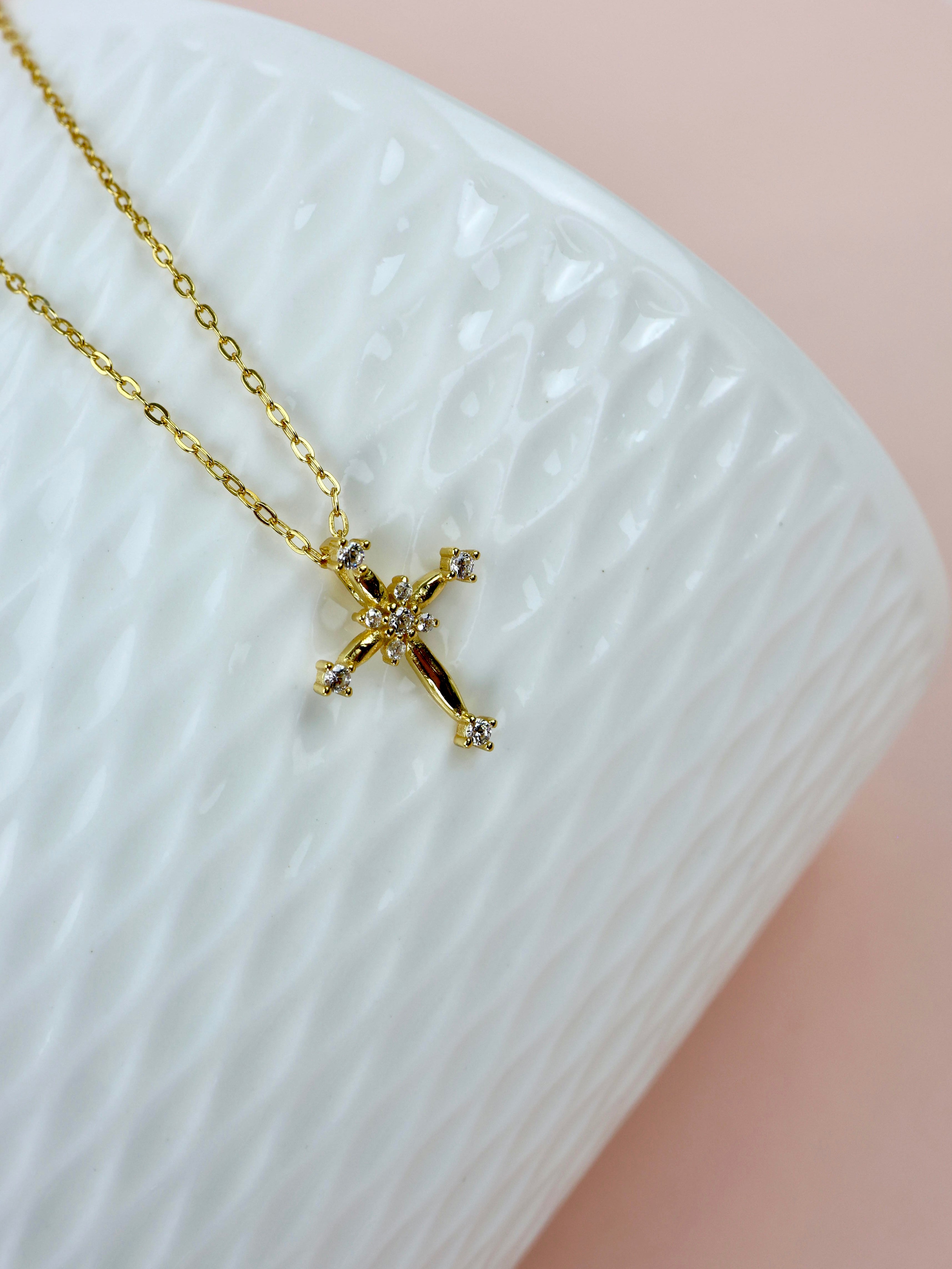 Cross CZ Sterling Silver Necklace - Gold
