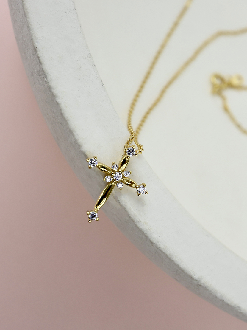Cross CZ Sterling Silver Necklace - Gold