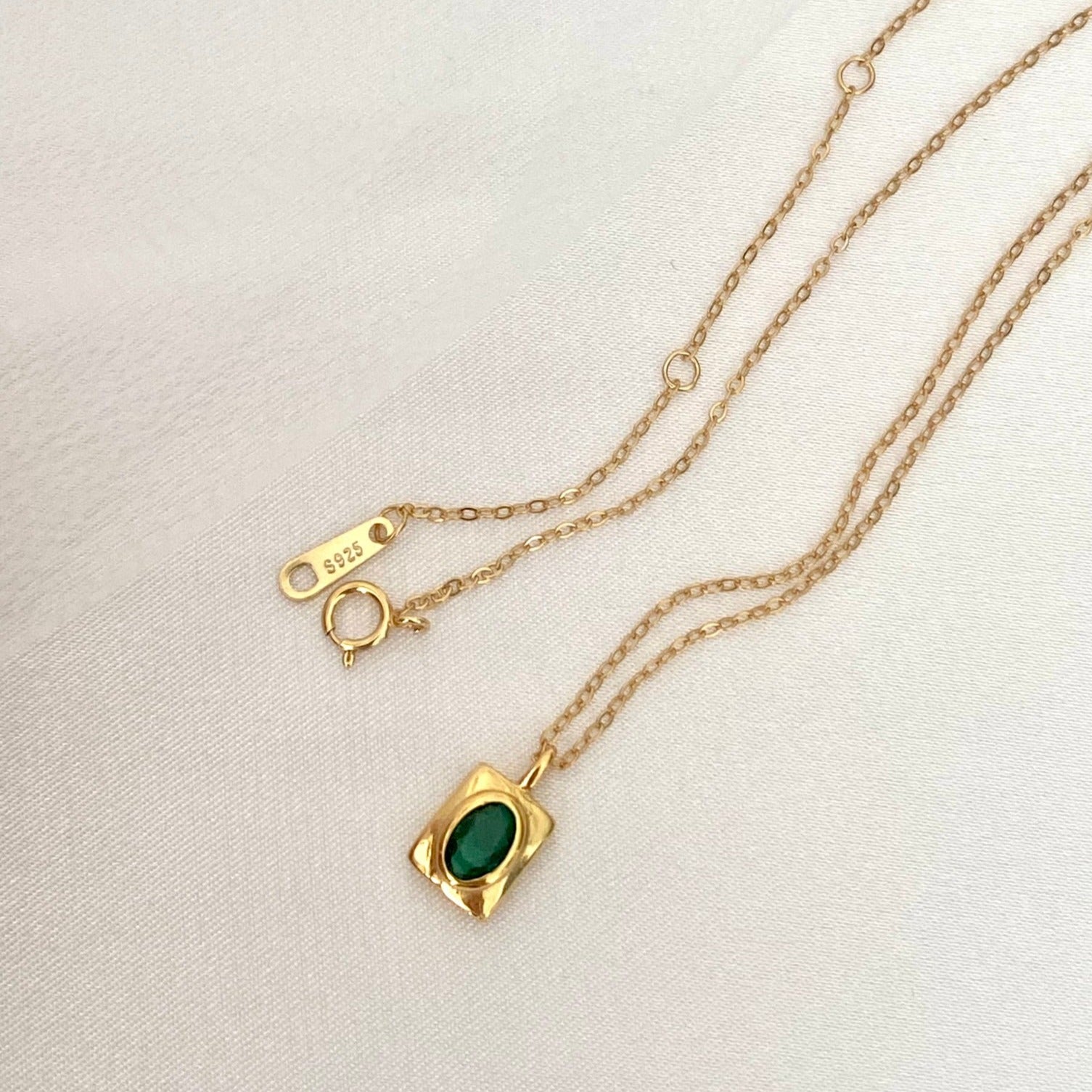 Emerald Green Square Pendant Gold Necklace