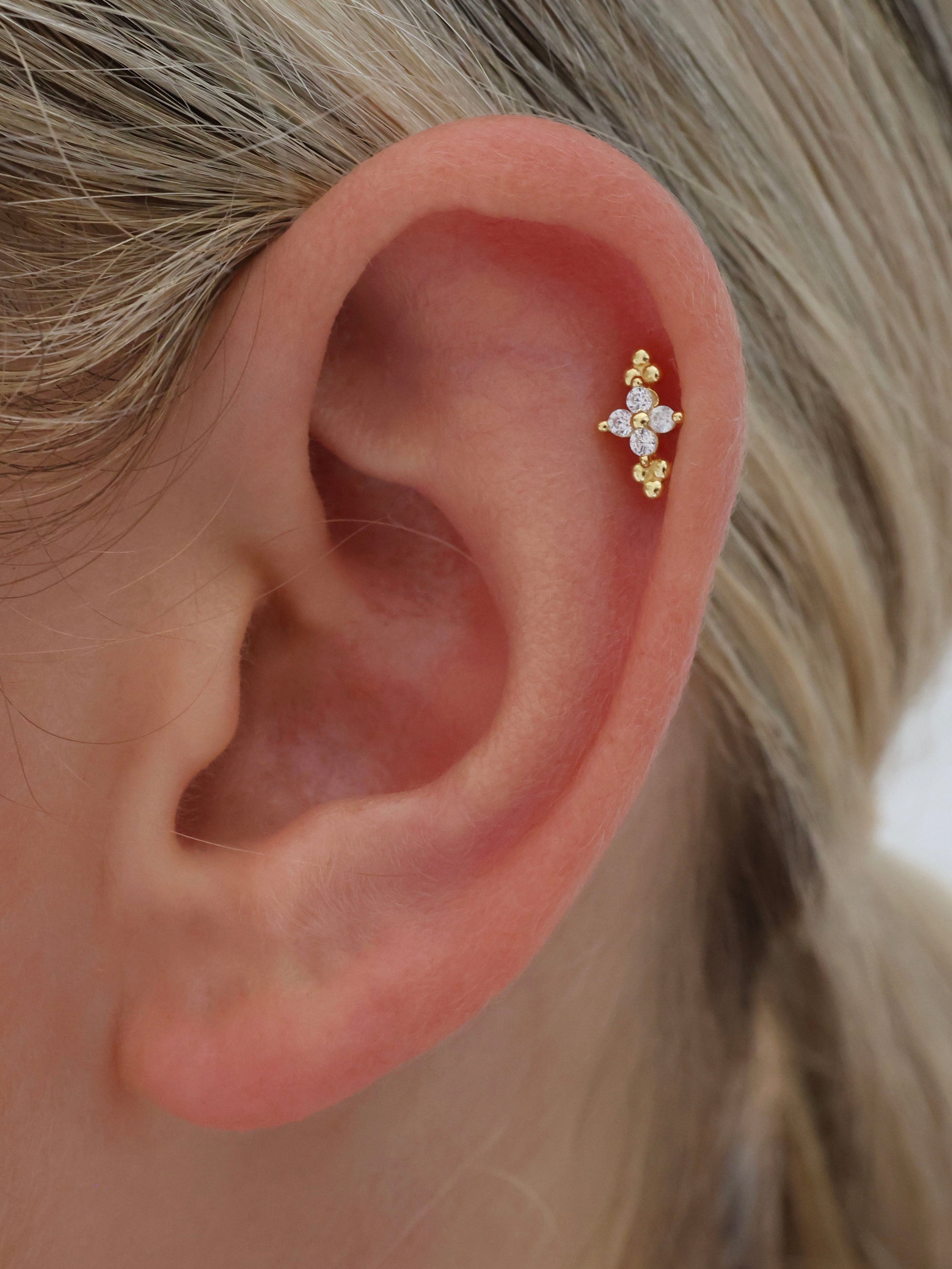 Tiny Clover Screw Flat Back Helix Stud Earring Gold- 1 piece