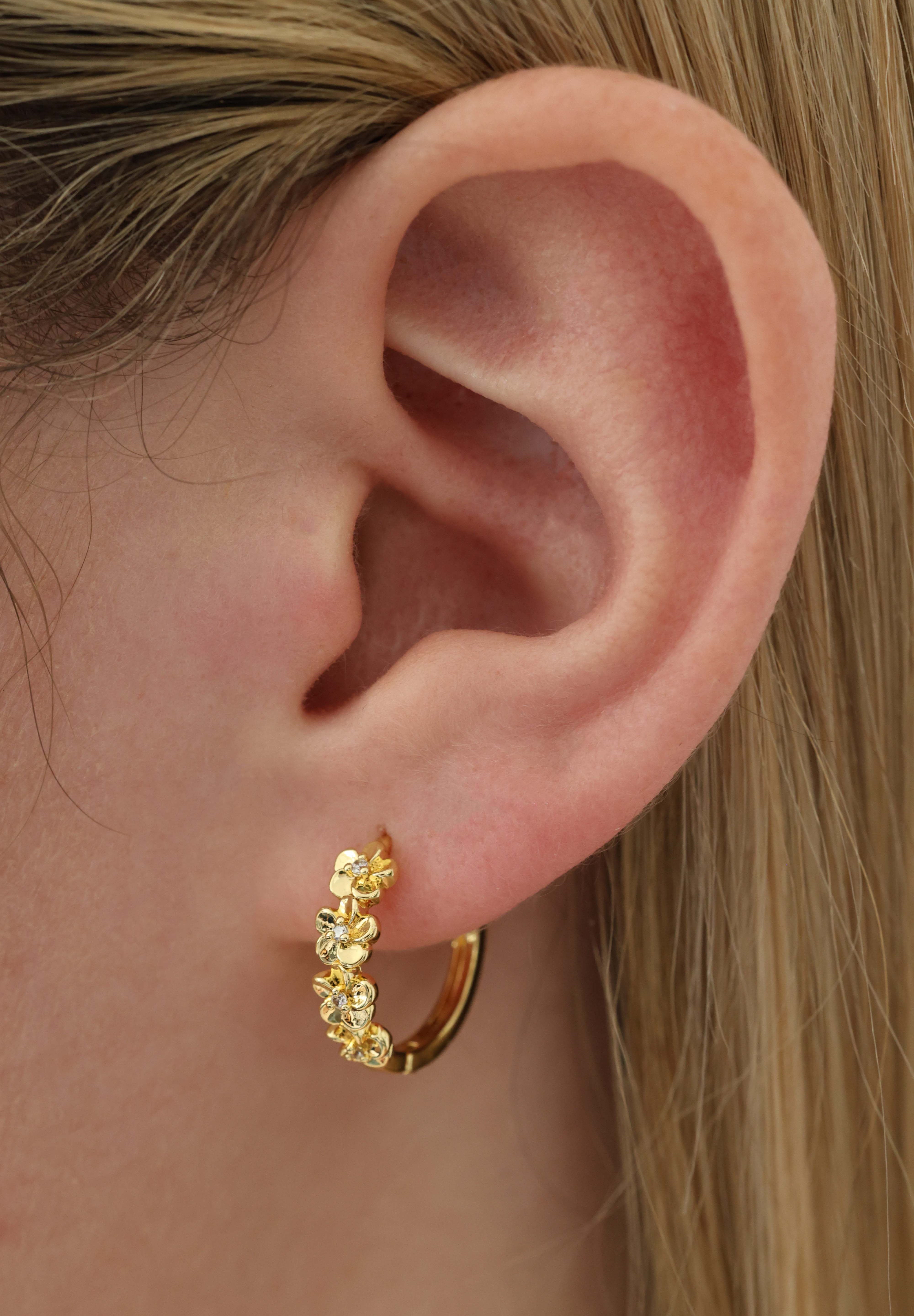Double Primrose Flower Hoop Stacking Earrings- Gold