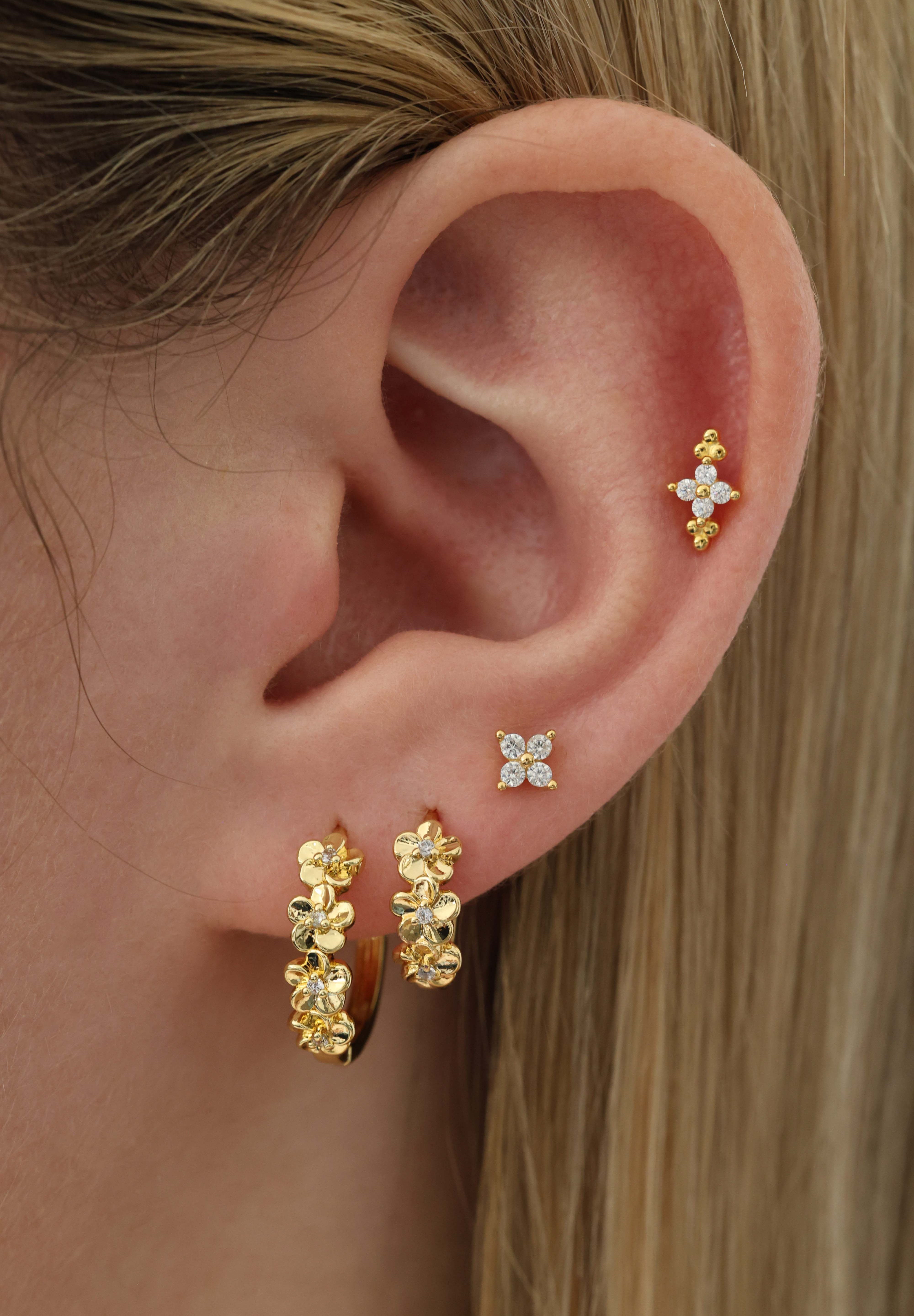 Double Primrose Flower Hoop Stacking Earrings- Gold