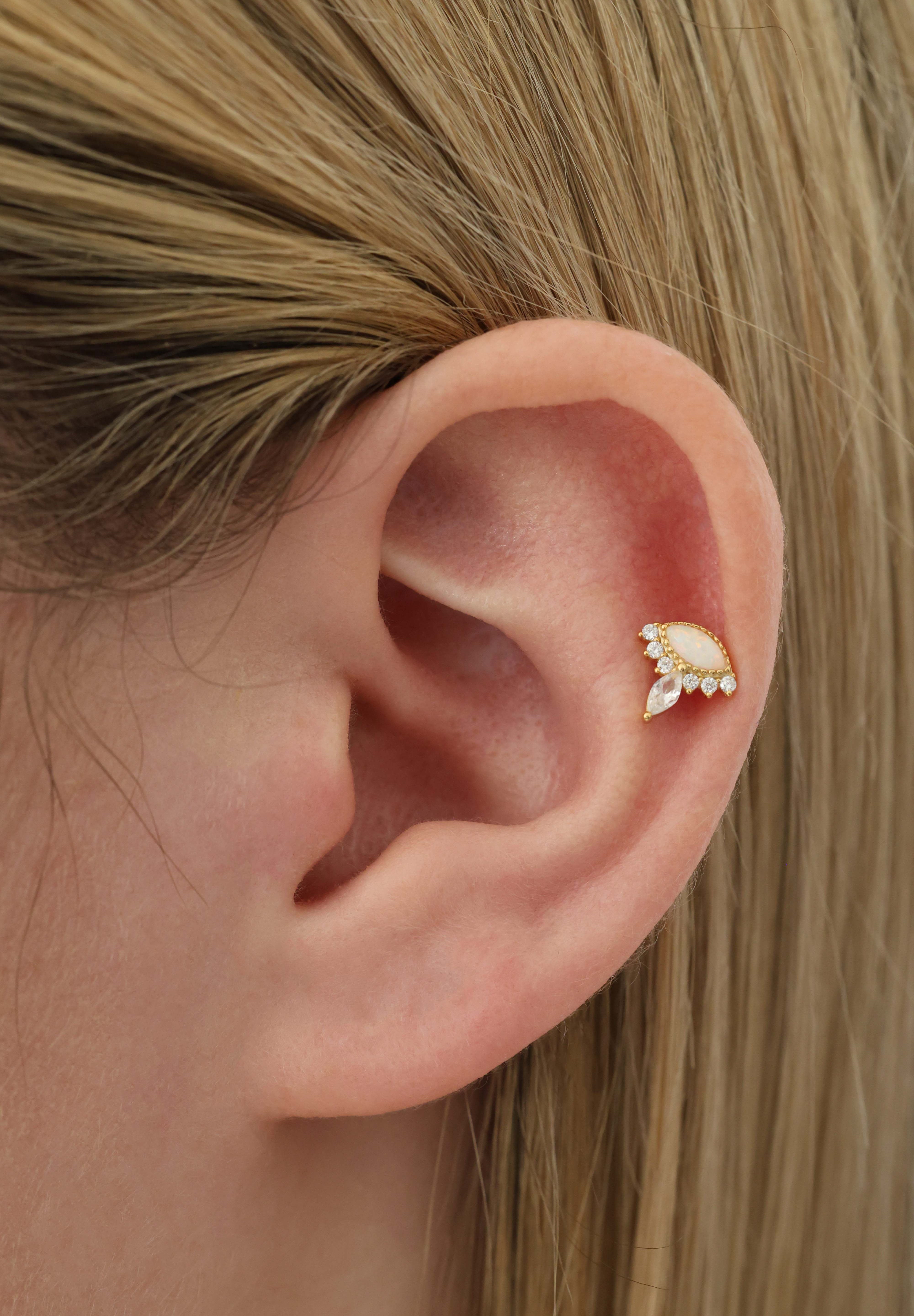 Opal Crown Screw Flat Back Helix Stud Earring Gold- 1 piece
