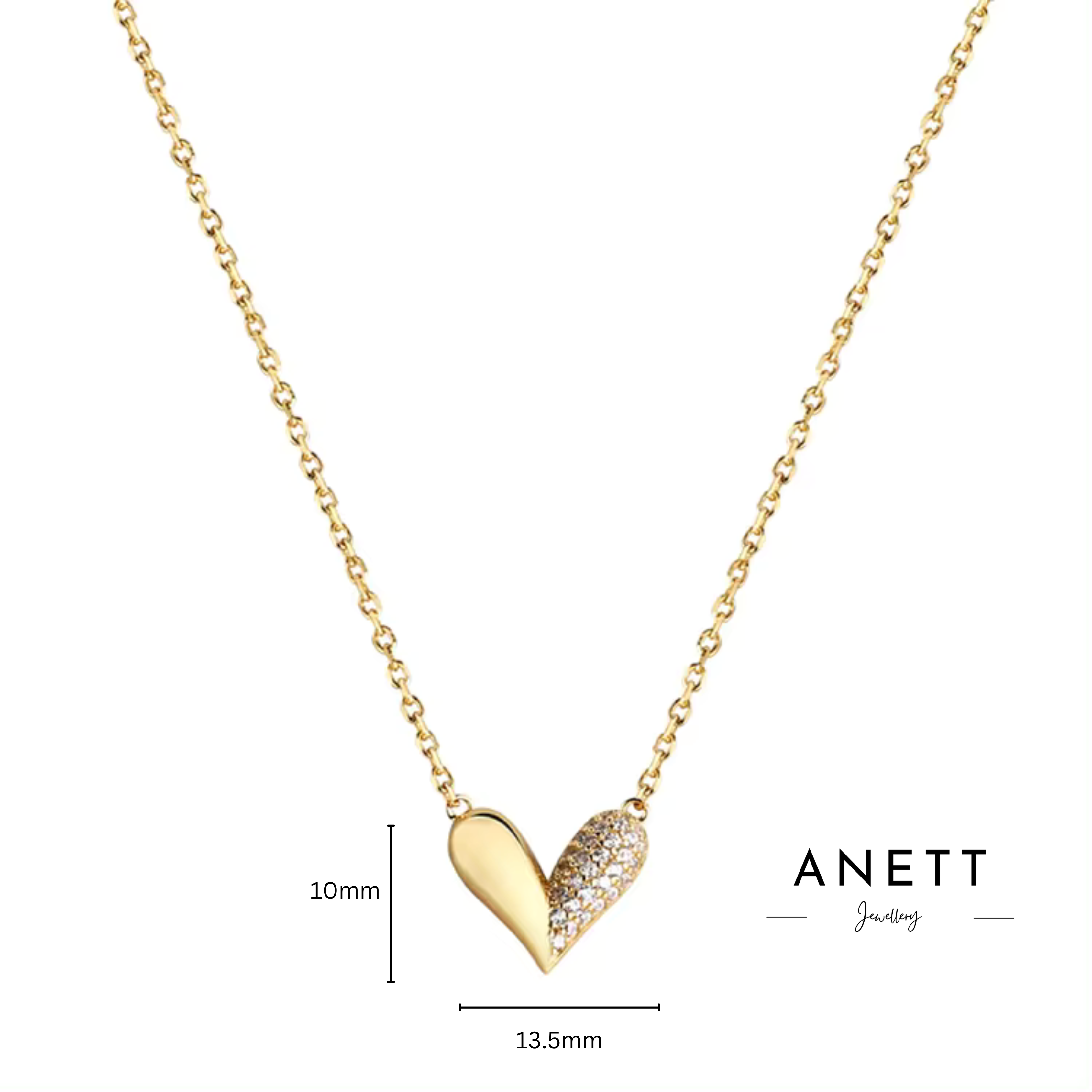 Sasha Love Heart Half Pavé Necklace in 18K gold-plated sterling silver, featuring a delicate heart charm with half pavé crystal detailing—elegant, hypoallergenic, and perfect for layering