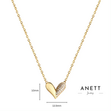 Sasha Love Heart Half Pavé Necklace in 18K gold-plated sterling silver, featuring a delicate heart charm with half pavé crystal detailing—elegant, hypoallergenic, and perfect for layering